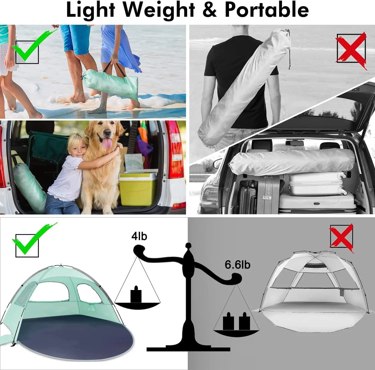 WhiteFang Beach Tent Anti-UV Portable Sun Shade Shelter for 3/4/6/8 Person, Extendable Floor with 3 Ventilating Mesh Windows Plus Carrying Bag, Stakes and Guy Lines