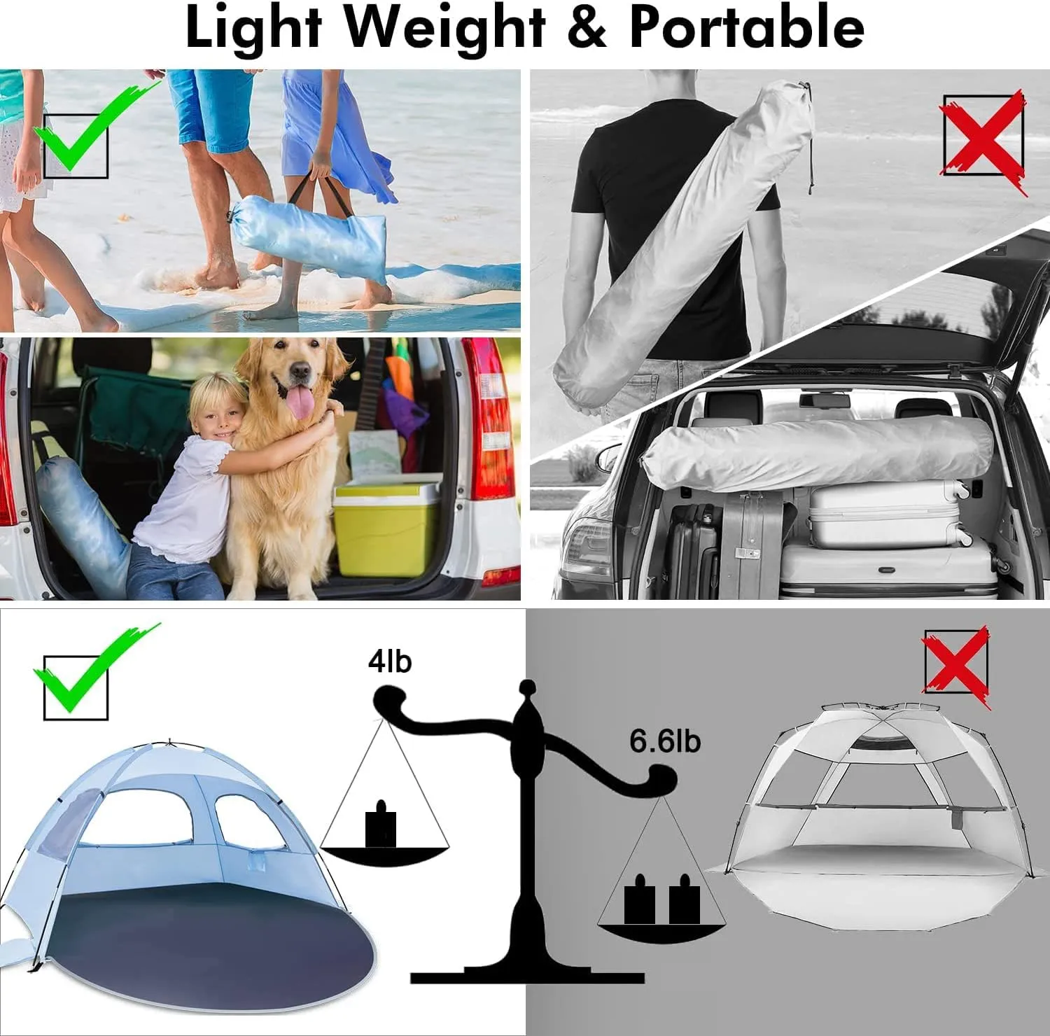 WhiteFang Beach Tent Anti-UV Portable Sun Shade Shelter for 3/4/6/8 Person, Extendable Floor with 3 Ventilating Mesh Windows Plus Carrying Bag, Stakes and Guy Lines