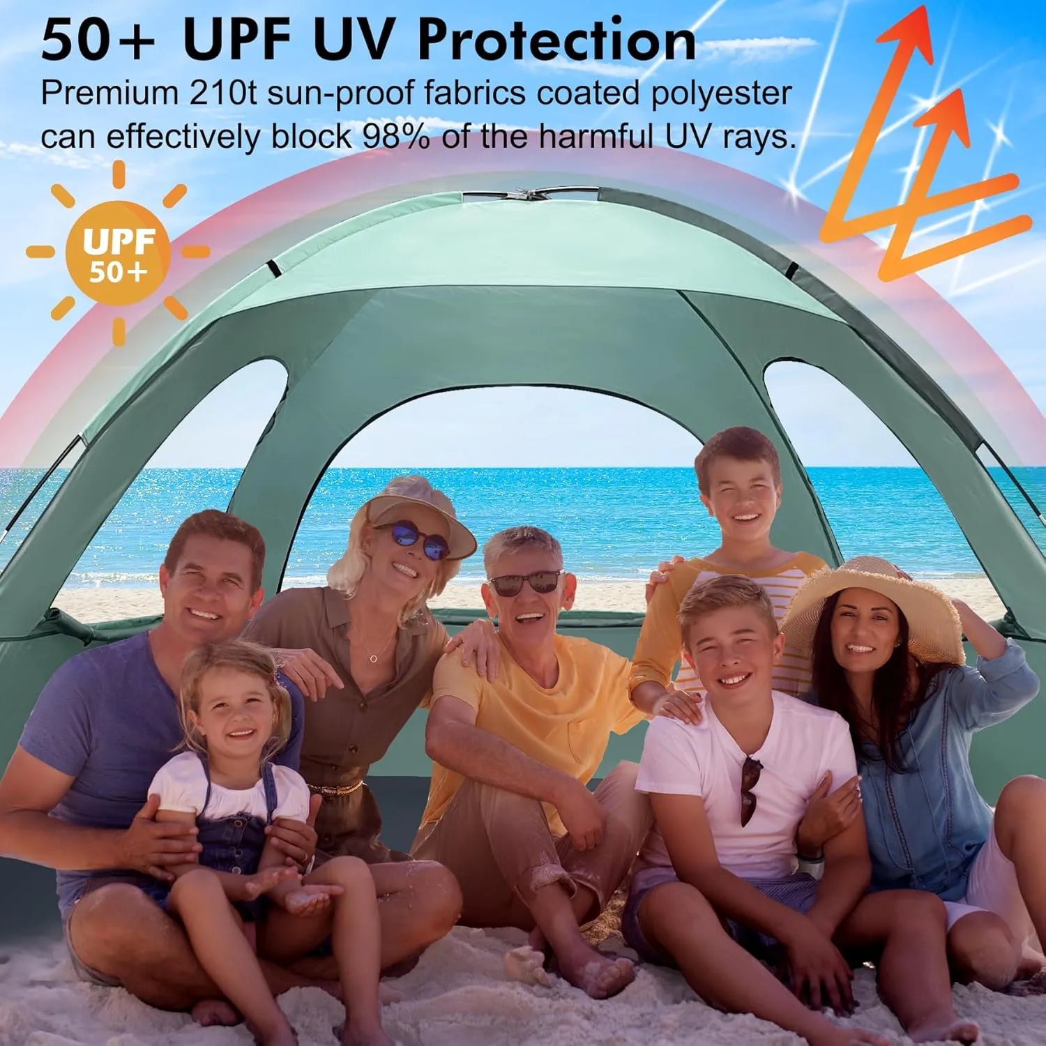 WhiteFang Beach Tent Anti-UV Portable Sun Shade Shelter for 3/4/6/8 Person, Extendable Floor with 3 Ventilating Mesh Windows Plus Carrying Bag, Stakes and Guy Lines