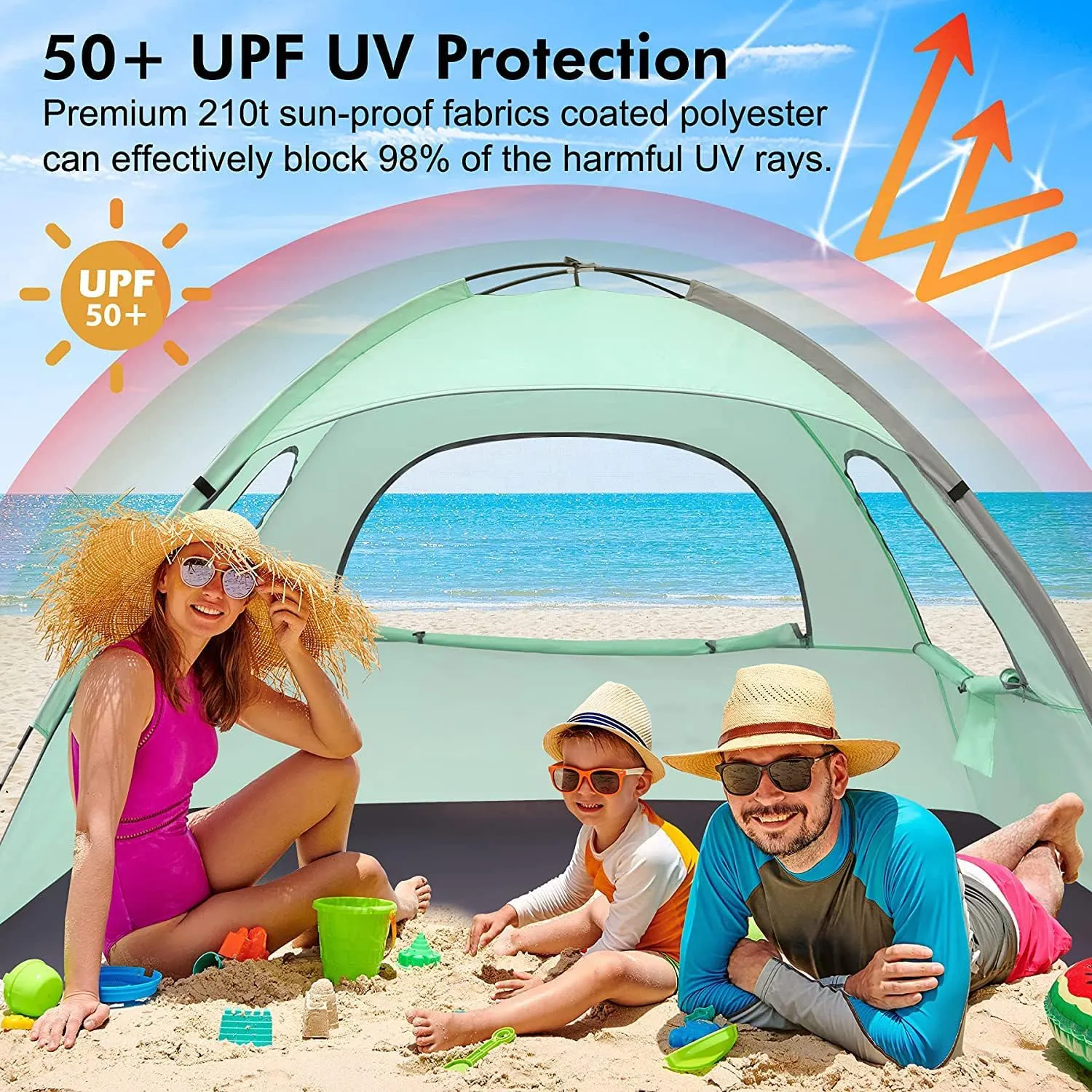 WhiteFang Beach Tent Anti-UV Portable Sun Shade Shelter for 3/4/6/8 Person, Extendable Floor with 3 Ventilating Mesh Windows Plus Carrying Bag, Stakes and Guy Lines