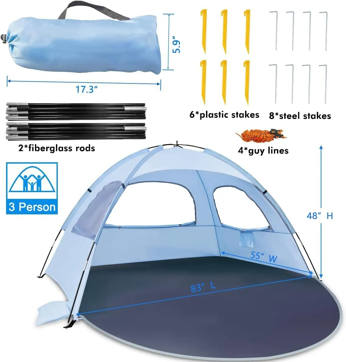 WhiteFang Beach Tent Anti-UV Portable Sun Shade Shelter for 3/4/6/8 Person, Extendable Floor with 3 Ventilating Mesh Windows Plus Carrying Bag, Stakes and Guy Lines