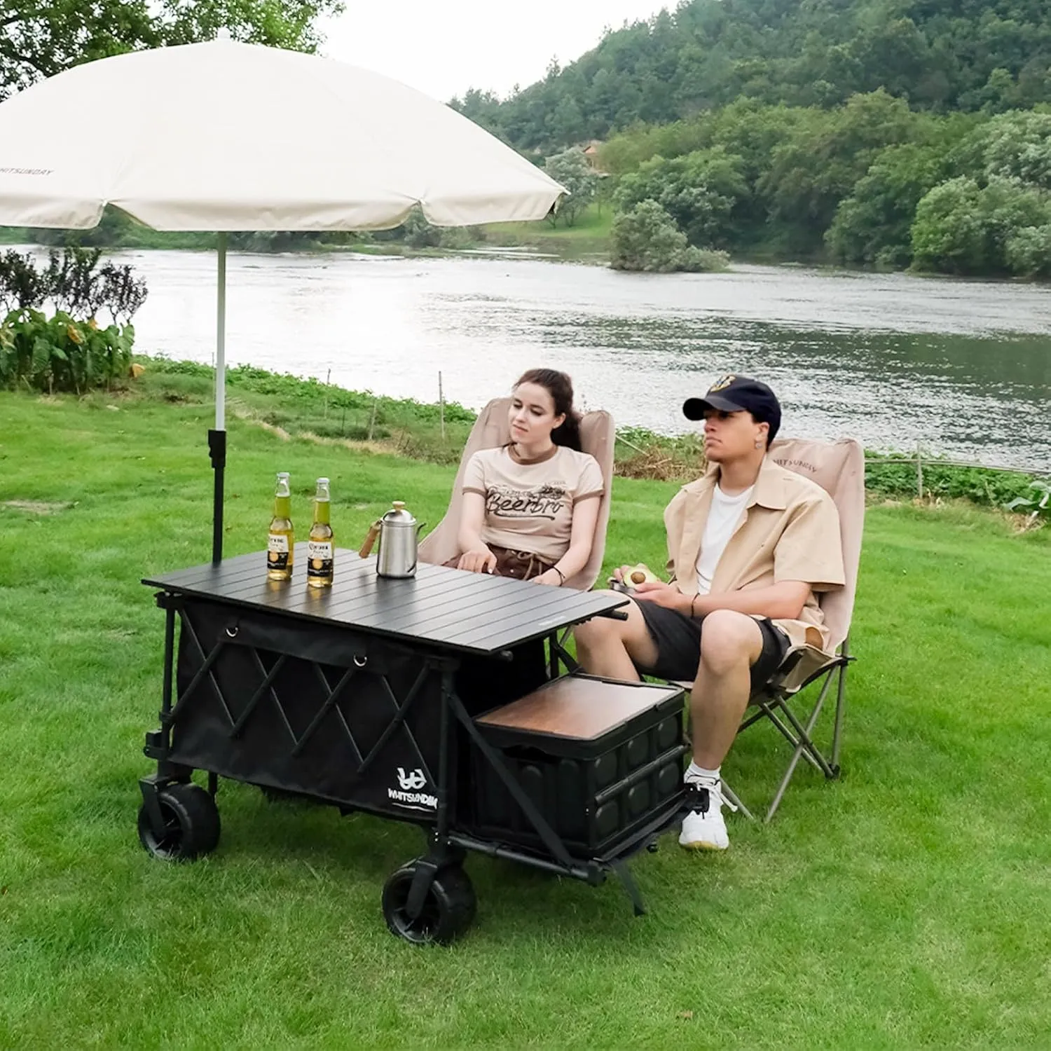 Whitsunday Collapsible Folding Wagon with Table,Heavy Duty Utility Beach Wagons with Opened Tailgate and All-Terrain Wheels for Camping,Garden,Sports Grey