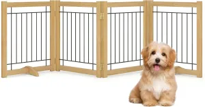 Wire Dog Gate Solid Wood Frame, Anti-Chewing, 4-Panel, 24" Height, 80" Width, Indoor Freestanding Pet Gate Foldable Wooden Dog Fences for Stairs, House, Doorway, Oak Color