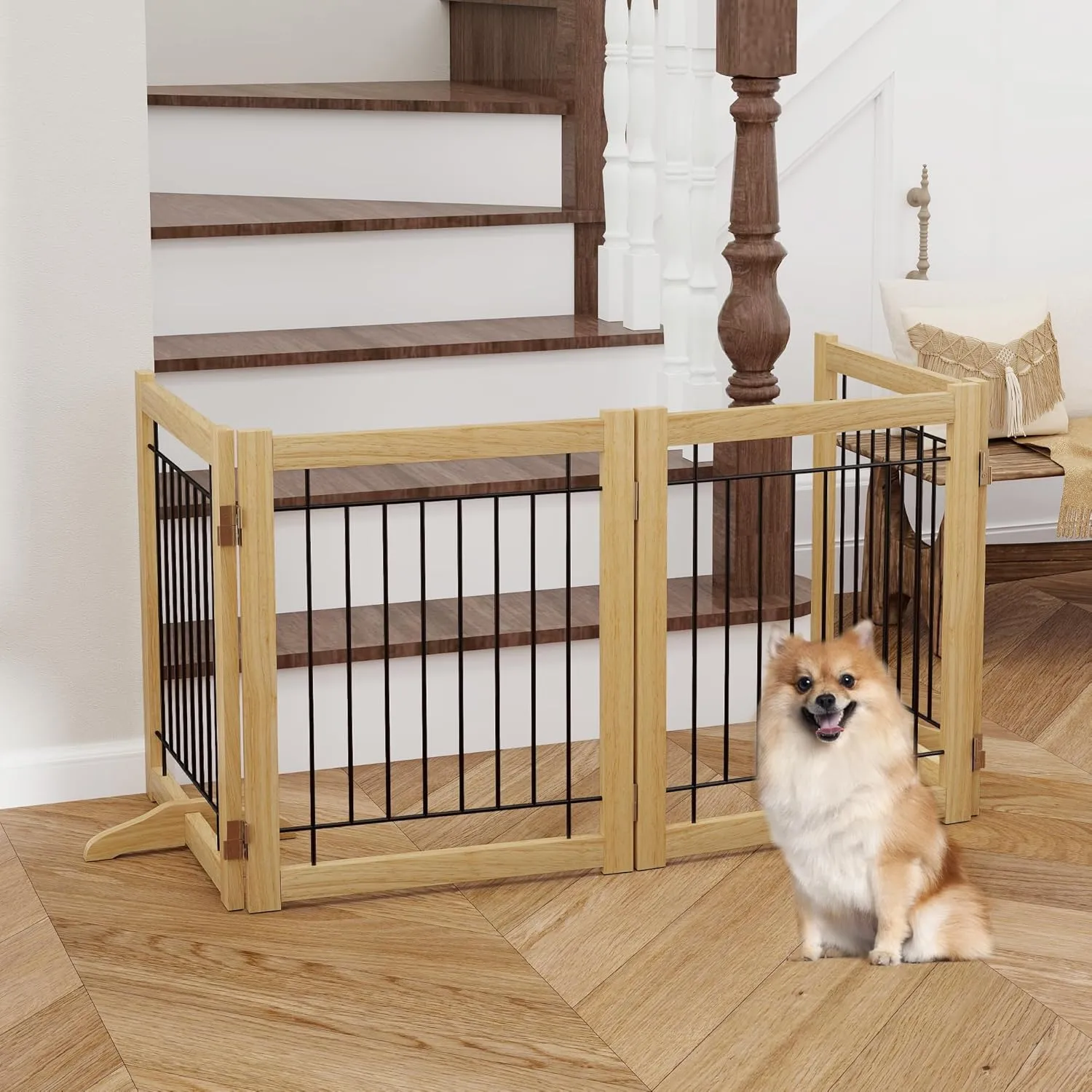 Wire Dog Gate Solid Wood Frame, Anti-Chewing, 4-Panel, 24" Height, 80" Width, Indoor Freestanding Pet Gate Foldable Wooden Dog Fences for Stairs, House, Doorway, Oak Color