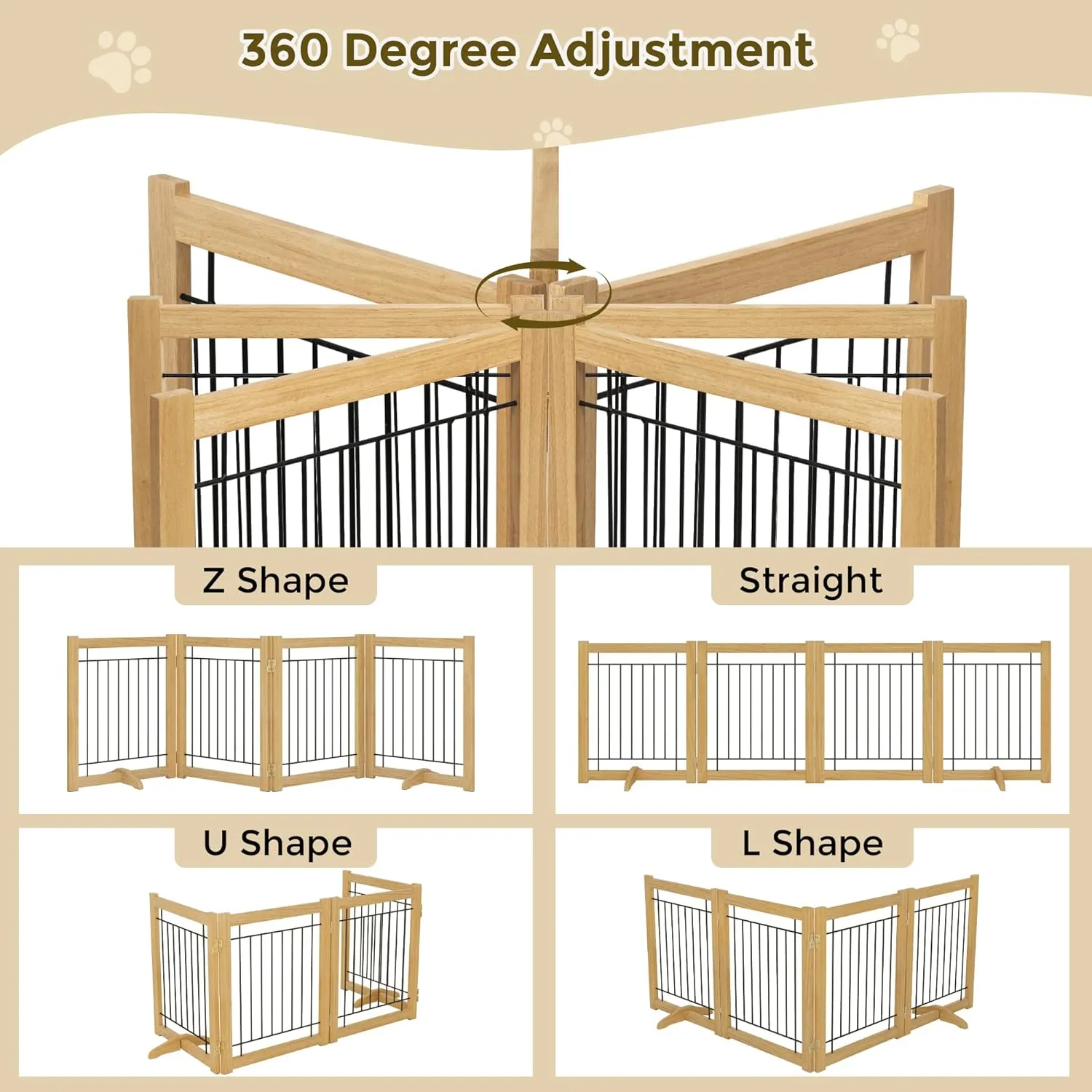Wire Dog Gate Solid Wood Frame, Anti-Chewing, 4-Panel, 24" Height, 80" Width, Indoor Freestanding Pet Gate Foldable Wooden Dog Fences for Stairs, House, Doorway, Oak Color
