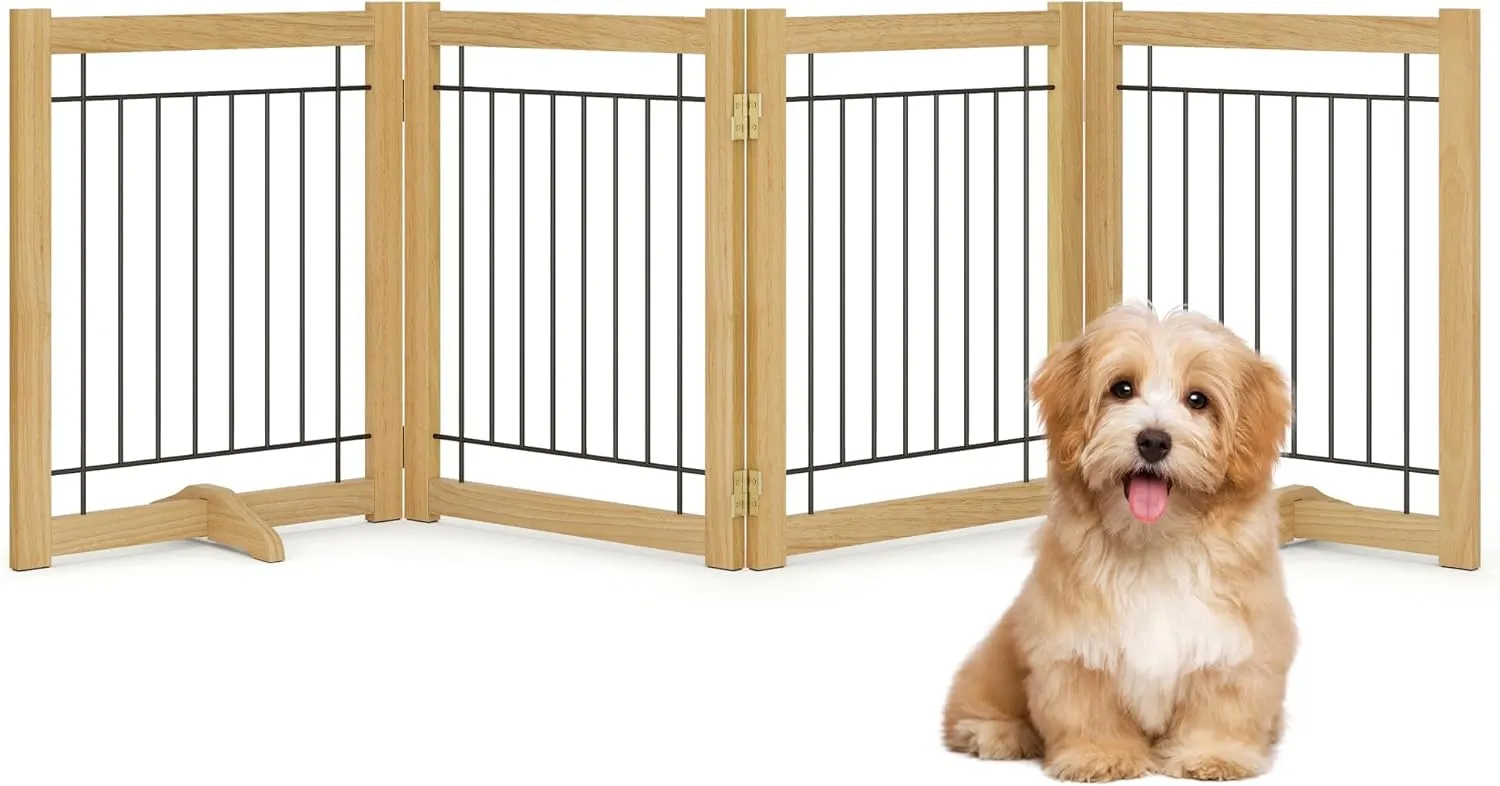 Wire Dog Gate Solid Wood Frame, Anti-Chewing, 4-Panel, 24" Height, 80" Width, Indoor Freestanding Pet Gate Foldable Wooden Dog Fences for Stairs, House, Doorway, Oak Color