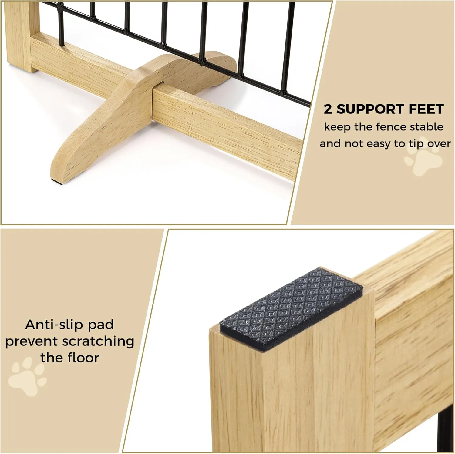Wire Dog Gate Solid Wood Frame, Anti-Chewing, 4-Panel, 24" Height, 80" Width, Indoor Freestanding Pet Gate Foldable Wooden Dog Fences for Stairs, House, Doorway, Oak Color