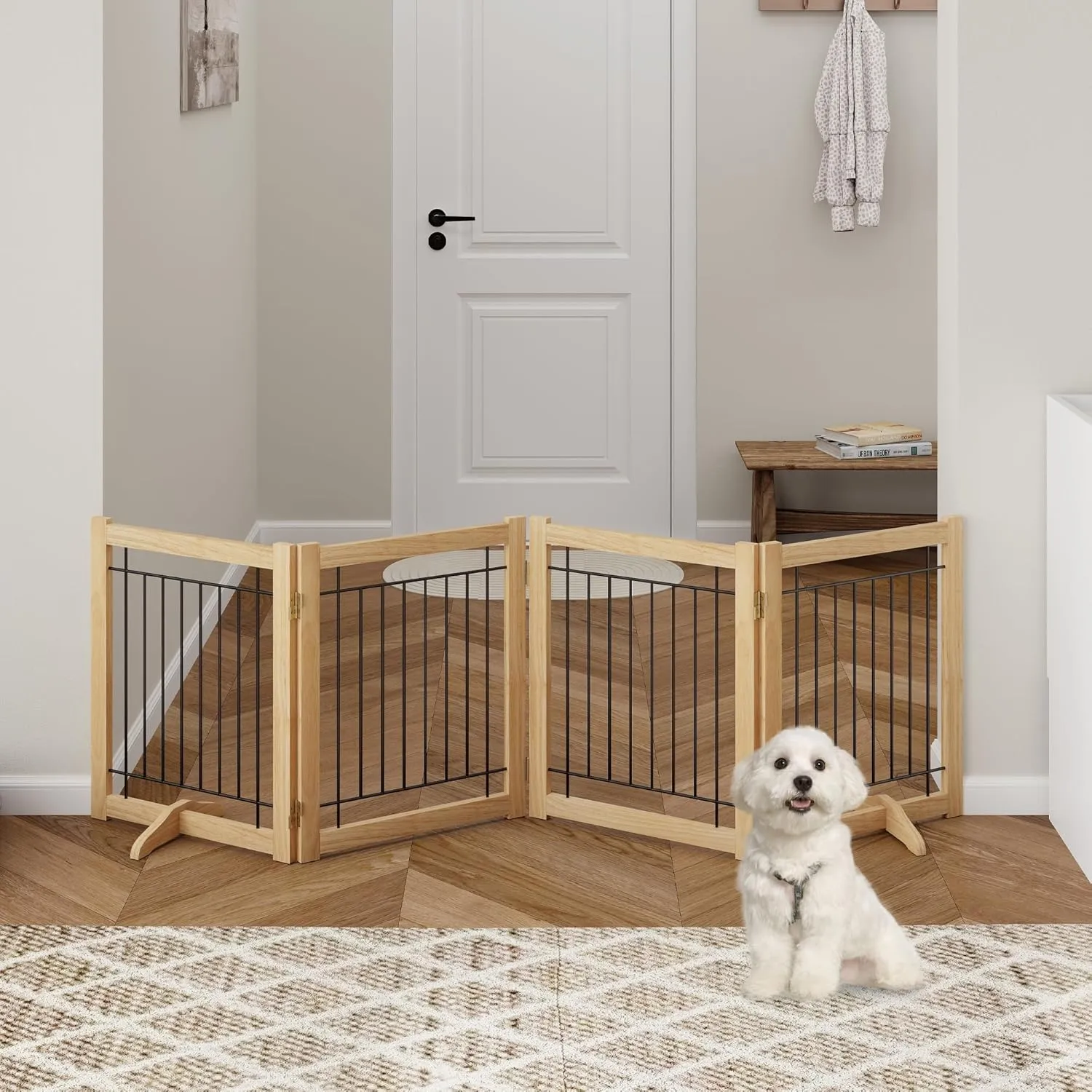 Wire Dog Gate Solid Wood Frame, Anti-Chewing, 4-Panel, 24" Height, 80" Width, Indoor Freestanding Pet Gate Foldable Wooden Dog Fences for Stairs, House, Doorway, Oak Color