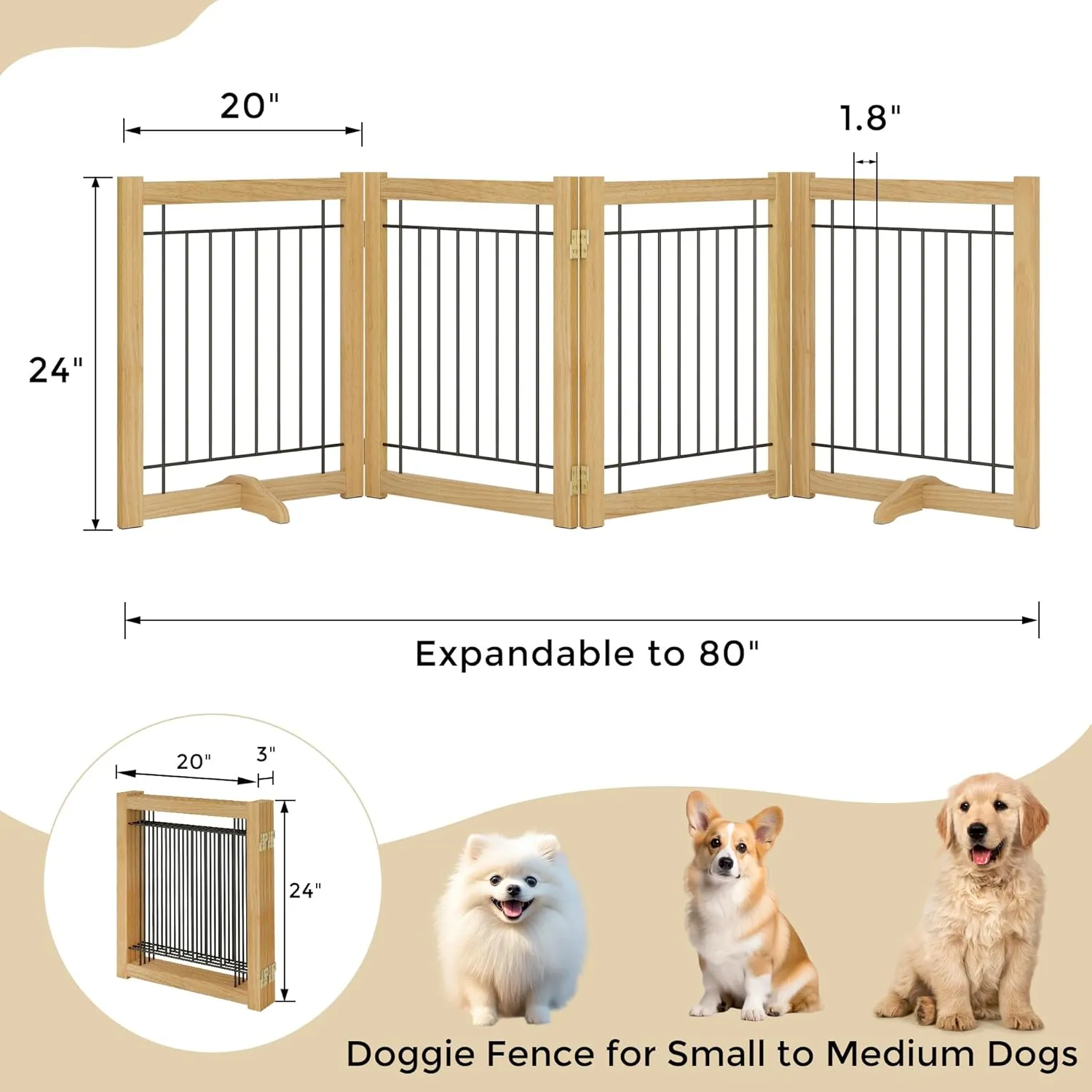 Wire Dog Gate Solid Wood Frame, Anti-Chewing, 4-Panel, 24" Height, 80" Width, Indoor Freestanding Pet Gate Foldable Wooden Dog Fences for Stairs, House, Doorway, Oak Color