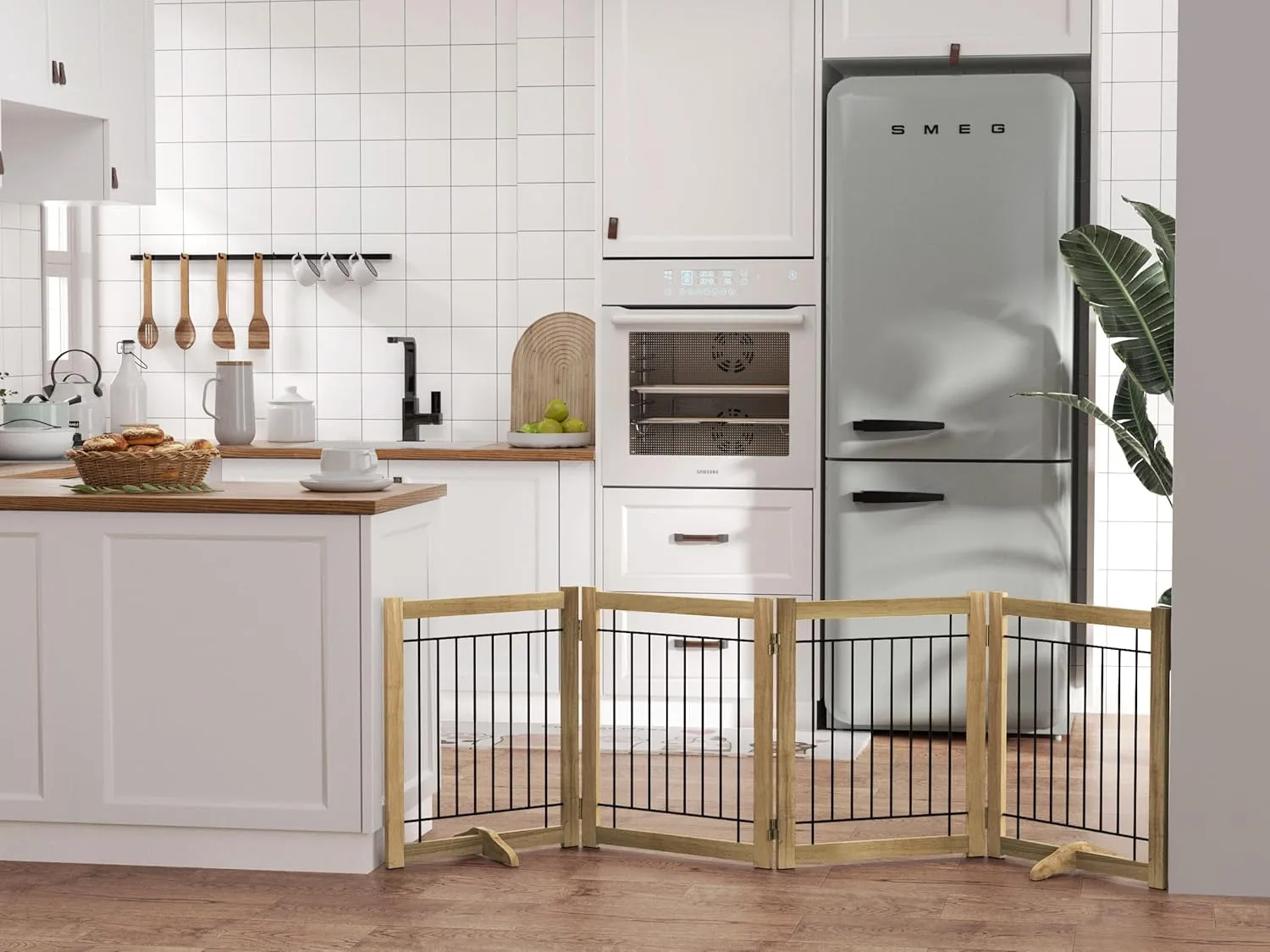 Wire Dog Gate Solid Wood Frame, Anti-Chewing, 4-Panel, 24" Height, 80" Width, Indoor Freestanding Pet Gate Foldable Wooden Dog Fences for Stairs, House, Doorway, Oak Color