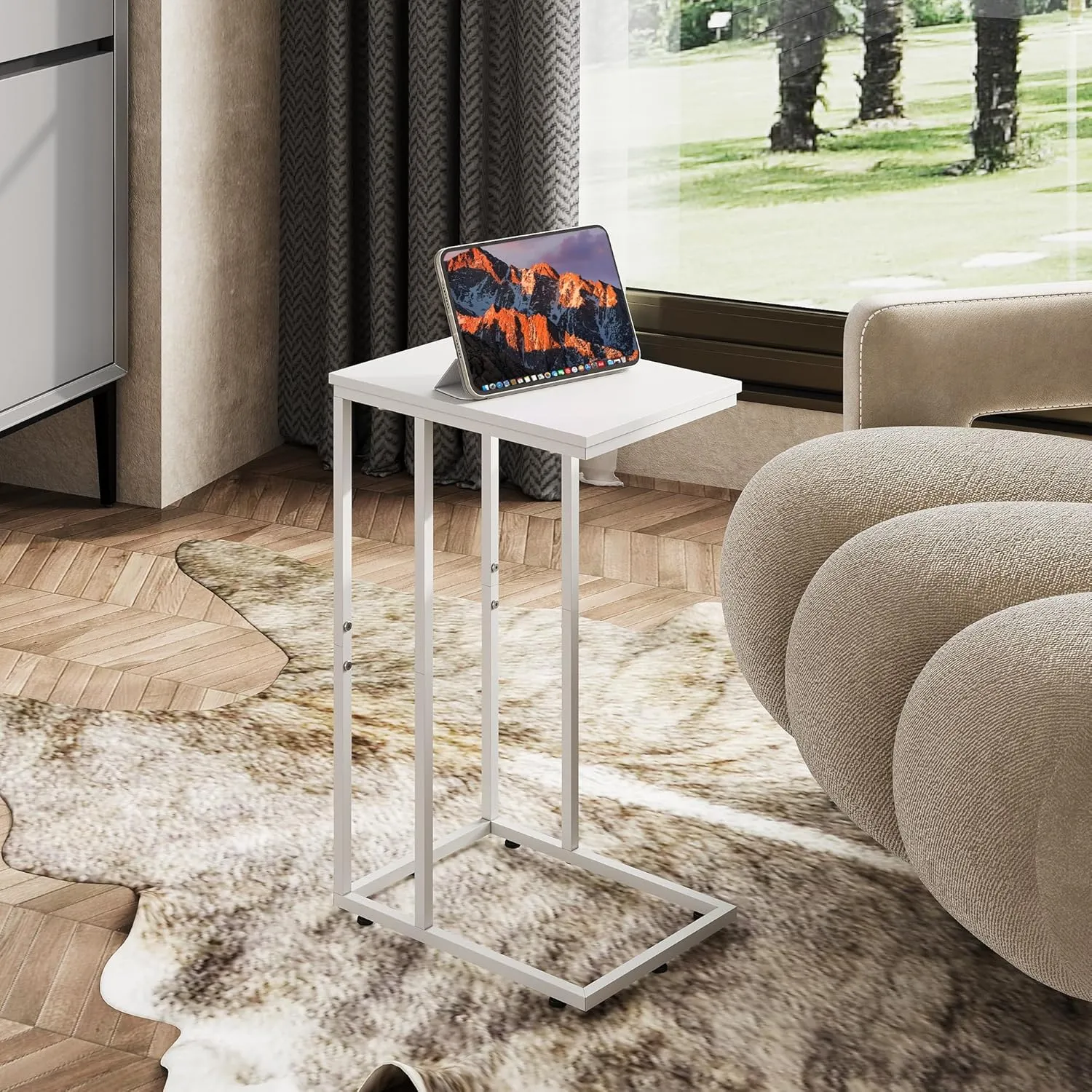 WLIVE Side Table, C Shaped End Table for Couch, Sofa and Bed, Large Desktop C Table for Living Room, Bedroom, Creamy White