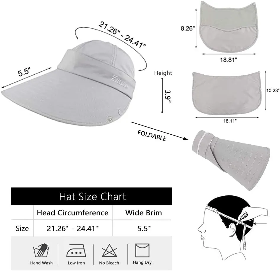 Women Sun Face Mask Visor Hat, Wide Brim Cap UV Protection Foldable Hat with Detachable Adjustable Flaps