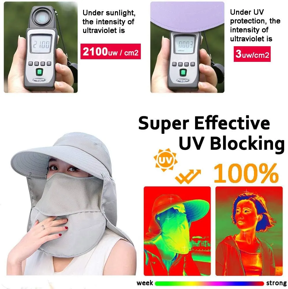 Women Sun Face Mask Visor Hat, Wide Brim Cap UV Protection Foldable Hat with Detachable Adjustable Flaps