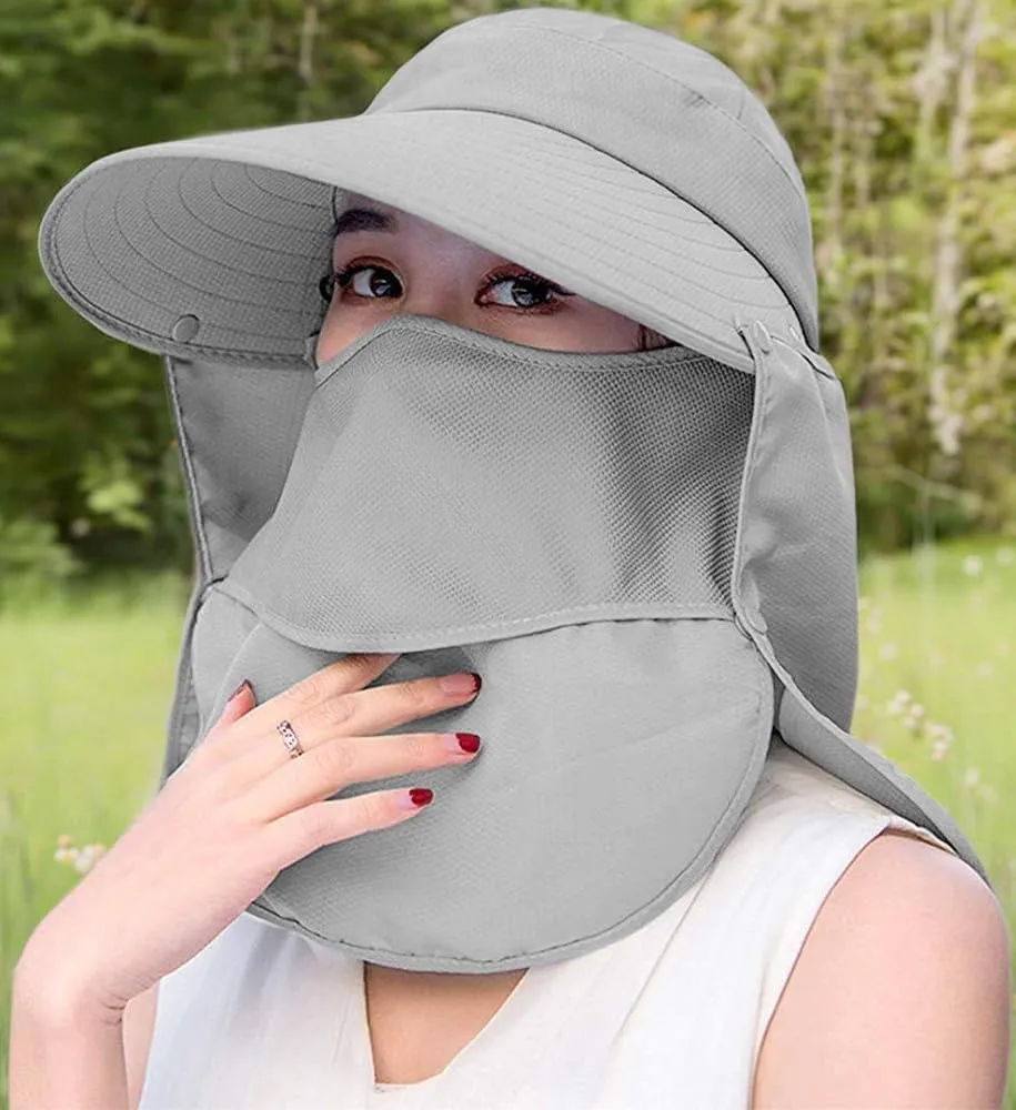Women Sun Face Mask Visor Hat, Wide Brim Cap UV Protection Foldable Hat with Detachable Adjustable Flaps