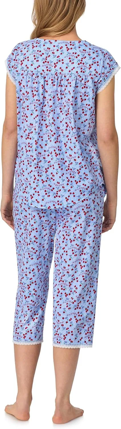 Women's 2-Piece Set, Cap Sleeve Flowy Top with Pintuck Neckline & Buttons, Capri Bottoms with Drawstring