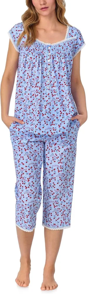 Women's 2-Piece Set, Cap Sleeve Flowy Top with Pintuck Neckline & Buttons, Capri Bottoms with Drawstring