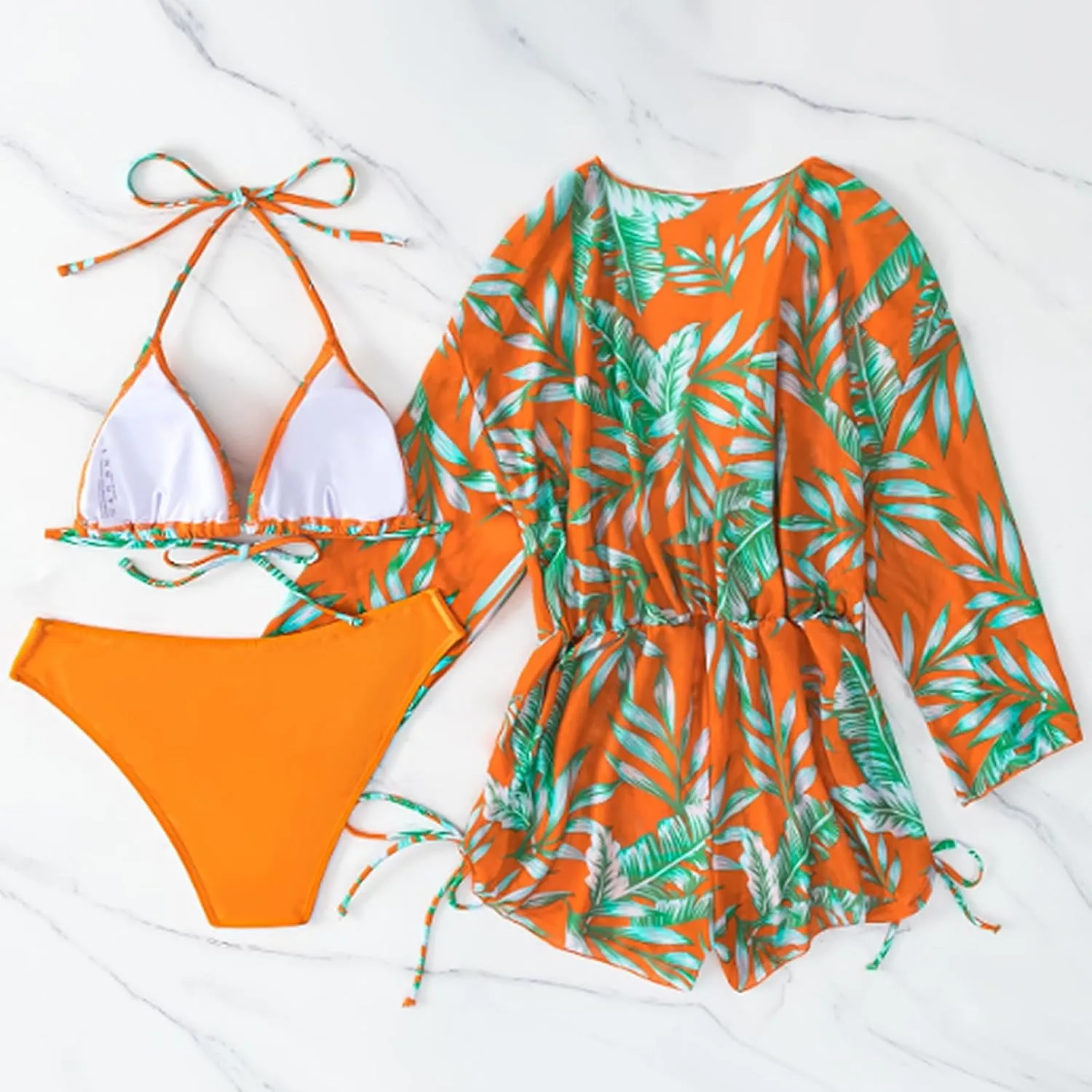 Women's 3 Piece Swimsuit Bikini Set Leaf Print Sexy Triangle Halter Bathing Suit Long Sleeve Mesh Beach Swimwear