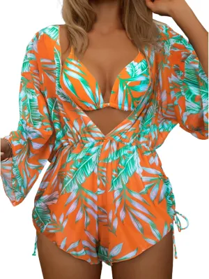 Women's 3 Piece Swimsuit Bikini Set Leaf Print Sexy Triangle Halter Bathing Suit Long Sleeve Mesh Beach Swimwear