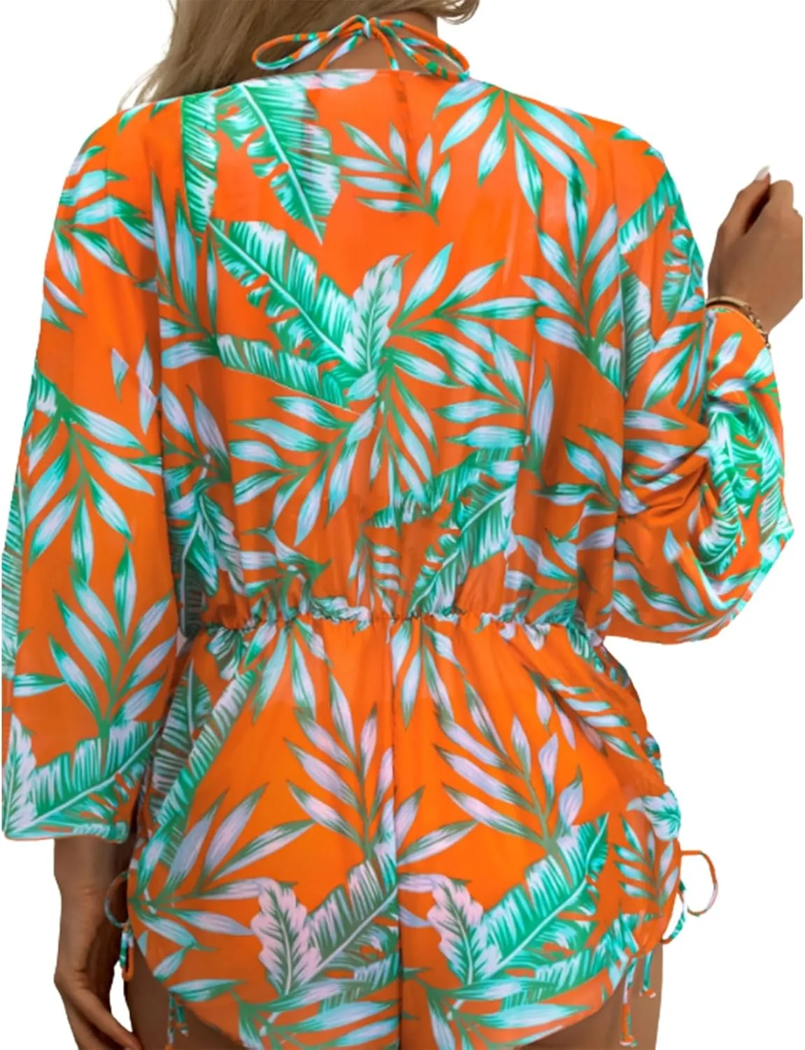 Women's 3 Piece Swimsuit Bikini Set Leaf Print Sexy Triangle Halter Bathing Suit Long Sleeve Mesh Beach Swimwear