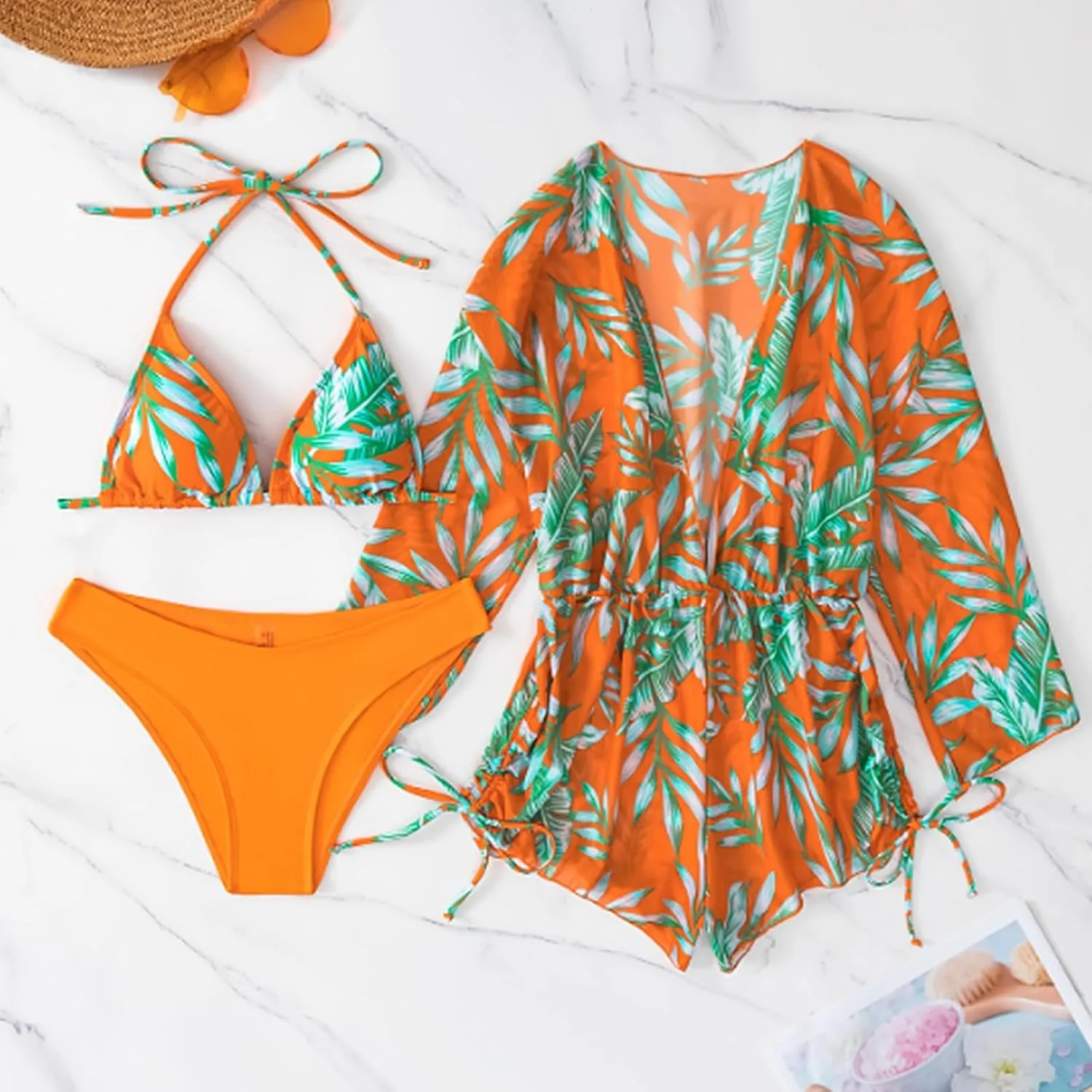 Women's 3 Piece Swimsuit Bikini Set Leaf Print Sexy Triangle Halter Bathing Suit Long Sleeve Mesh Beach Swimwear