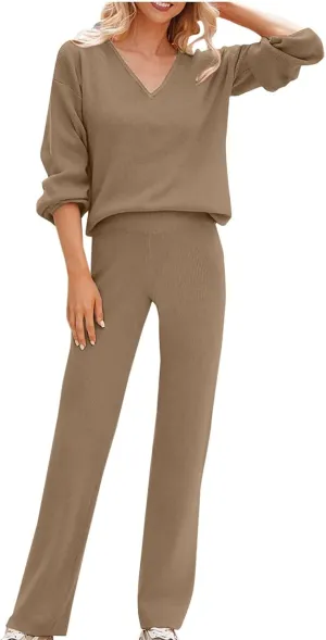 Womens Loungewear Sets 2 Piece Plus Size Sweatsuits V-Neck Lightweight Pullover Wid Leg Slacks Casual Lounge Wear Sleepwear
