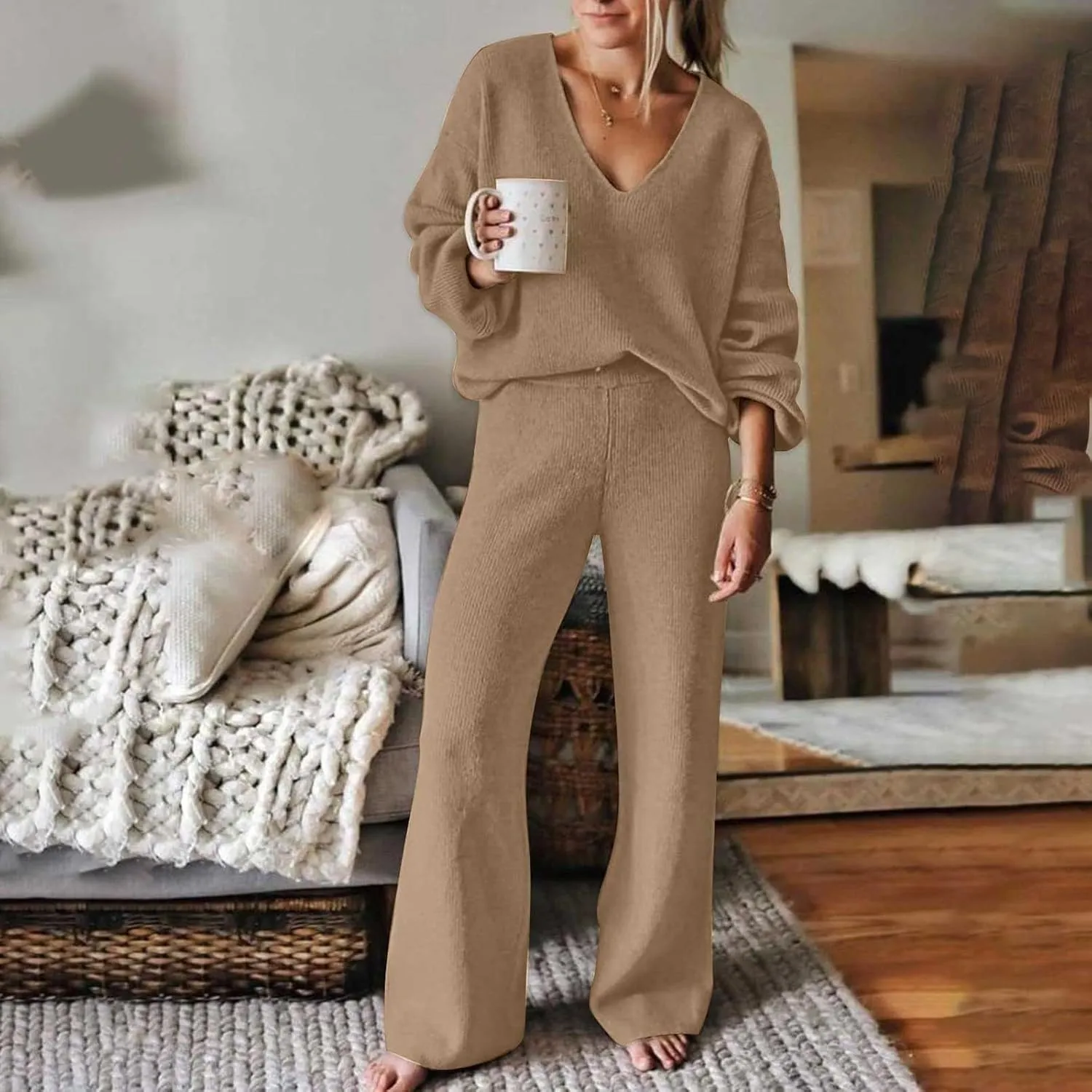 Womens Loungewear Sets 2 Piece Plus Size Sweatsuits V-Neck Lightweight Pullover Wid Leg Slacks Casual Lounge Wear Sleepwear
