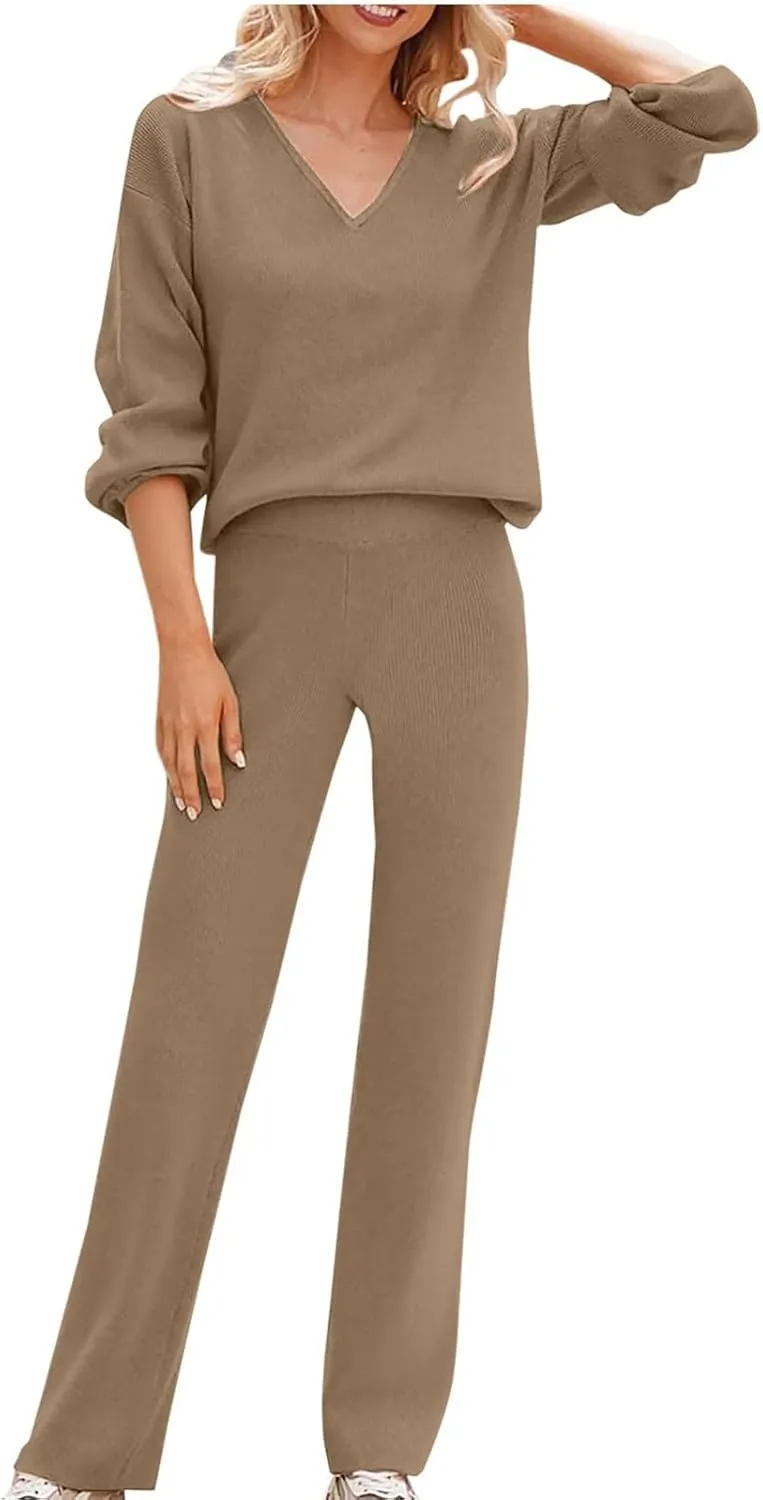 Womens Loungewear Sets 2 Piece Plus Size Sweatsuits V-Neck Lightweight Pullover Wid Leg Slacks Casual Lounge Wear Sleepwear