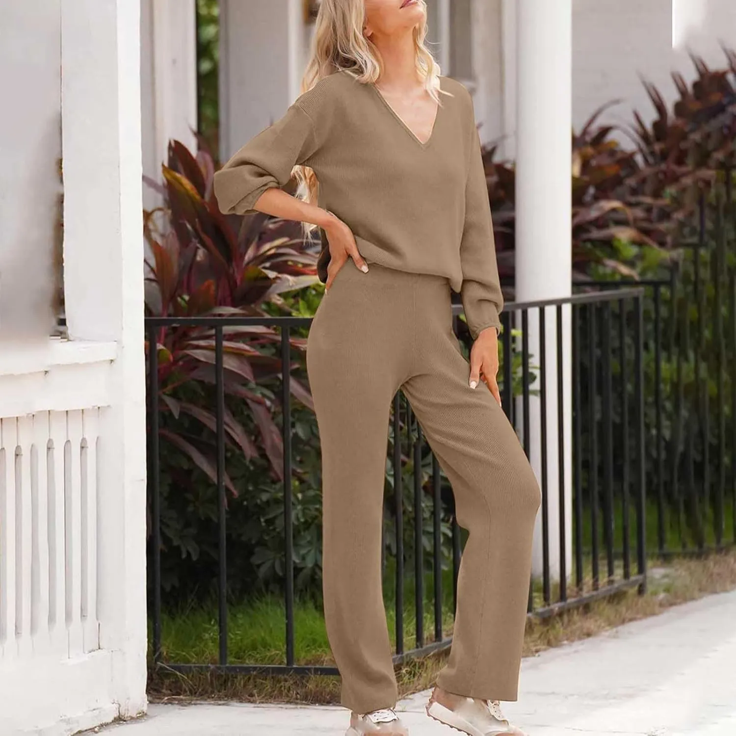 Womens Loungewear Sets 2 Piece Plus Size Sweatsuits V-Neck Lightweight Pullover Wid Leg Slacks Casual Lounge Wear Sleepwear
