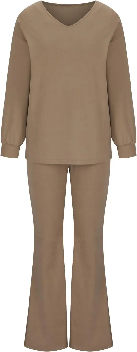 Womens Loungewear Sets 2 Piece Plus Size Sweatsuits V-Neck Lightweight Pullover Wid Leg Slacks Casual Lounge Wear Sleepwear