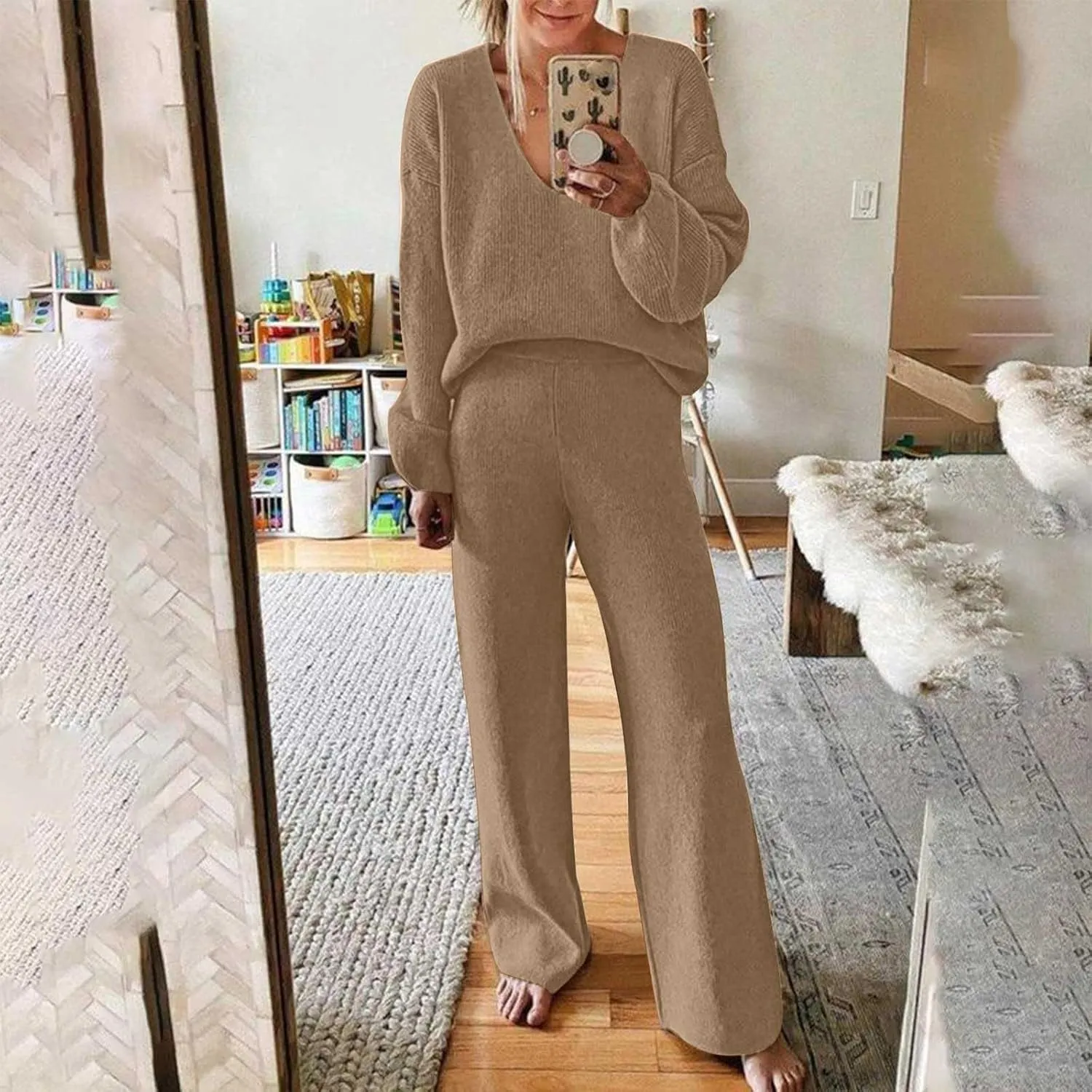 Womens Loungewear Sets 2 Piece Plus Size Sweatsuits V-Neck Lightweight Pullover Wid Leg Slacks Casual Lounge Wear Sleepwear