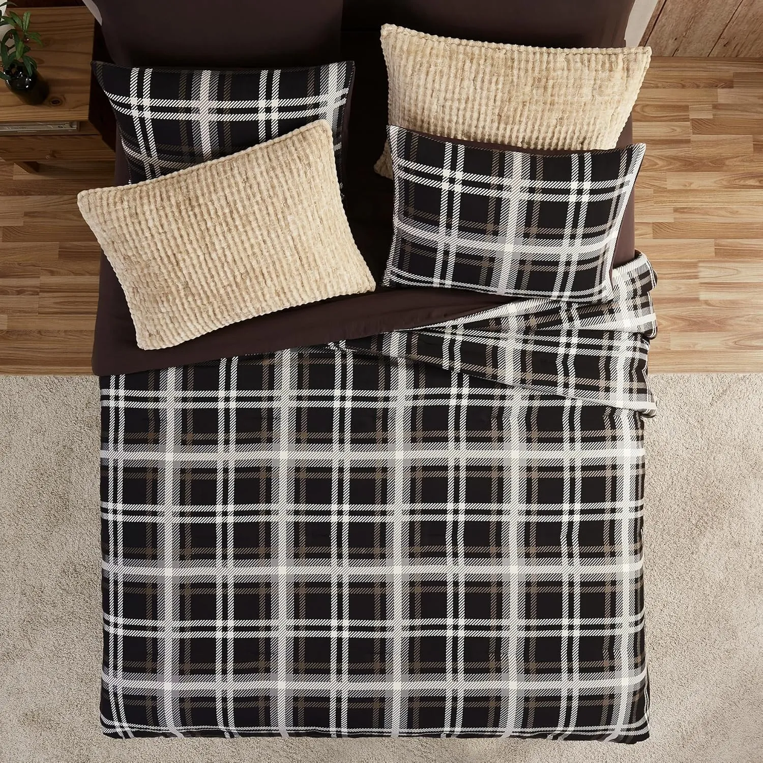 Wonderful Queen Comforter Set, Buffalo Plaid, Wooly Feel, Brushed Hypoallergenic, 3 Pieces with Pillow Shams, Lightweight Cabin Lodge Bedding for All Season (Dark Brown, Queen)