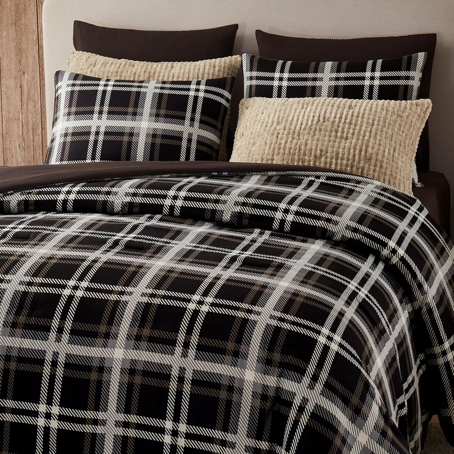 Wonderful Queen Comforter Set, Buffalo Plaid, Wooly Feel, Brushed Hypoallergenic, 3 Pieces with Pillow Shams, Lightweight Cabin Lodge Bedding for All Season (Dark Brown, Queen)