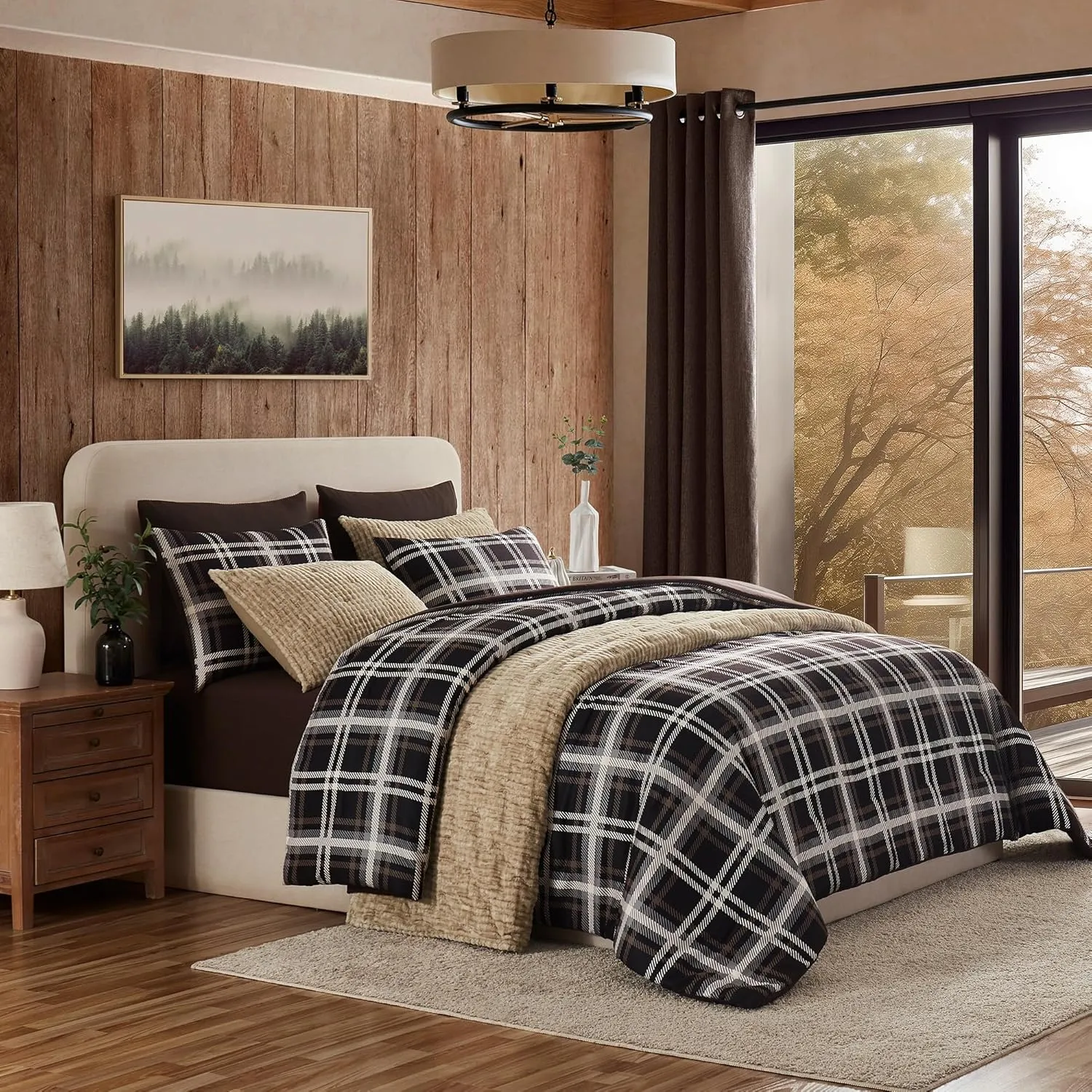 Wonderful Queen Comforter Set, Buffalo Plaid, Wooly Feel, Brushed Hypoallergenic, 3 Pieces with Pillow Shams, Lightweight Cabin Lodge Bedding for All Season (Dark Brown, Queen)