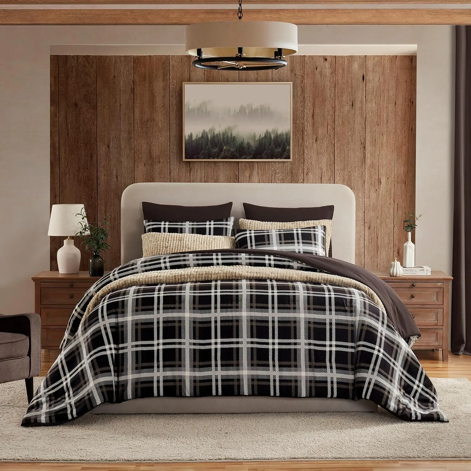 Wonderful Queen Comforter Set, Buffalo Plaid, Wooly Feel, Brushed Hypoallergenic, 3 Pieces with Pillow Shams, Lightweight Cabin Lodge Bedding for All Season (Dark Brown, Queen)