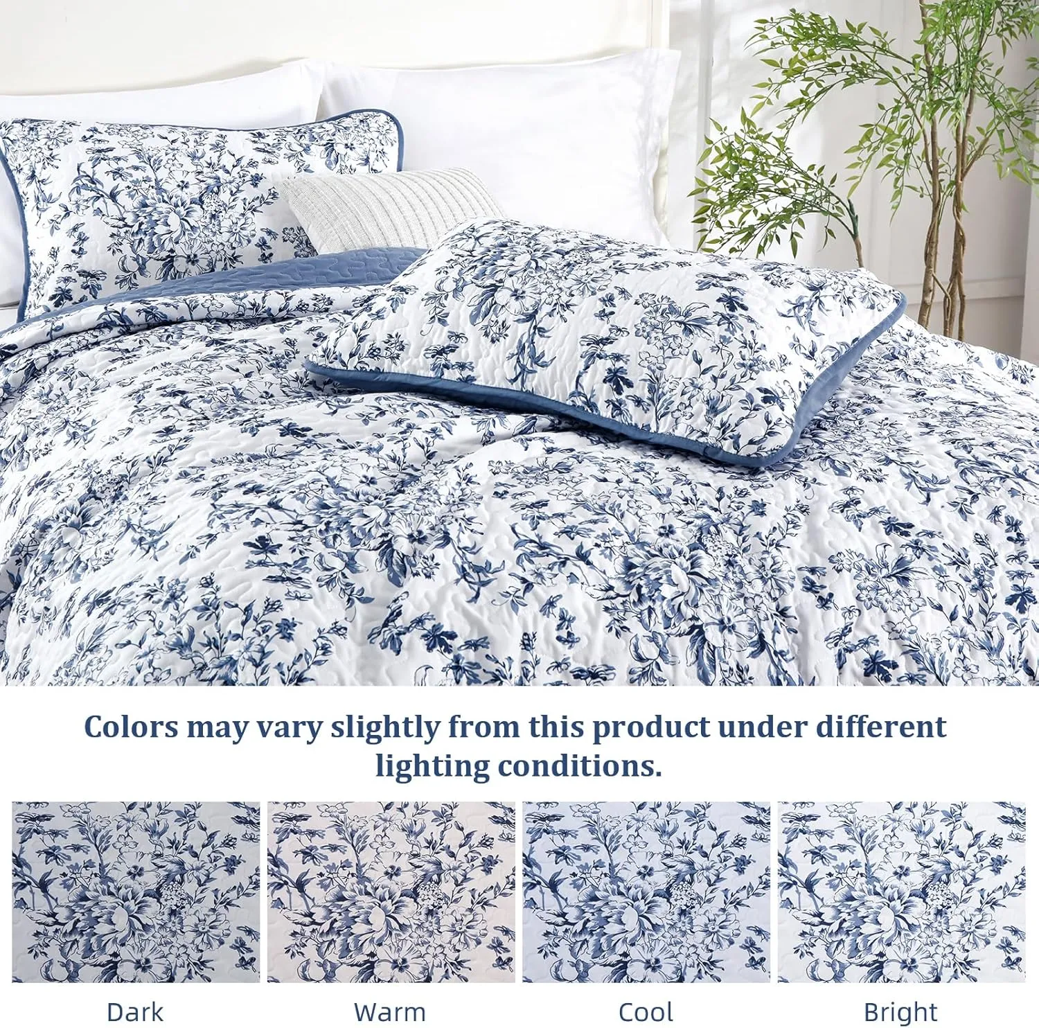 WONGS BDEEING Quilt King Size, Blue Quilt Bedding Set with 2 Pillowcases, Botanical Quilt for King Bed, Soft Microfiber Lightweight Coverlet Bedspread for All Season (110"×90", 3 Pieces)