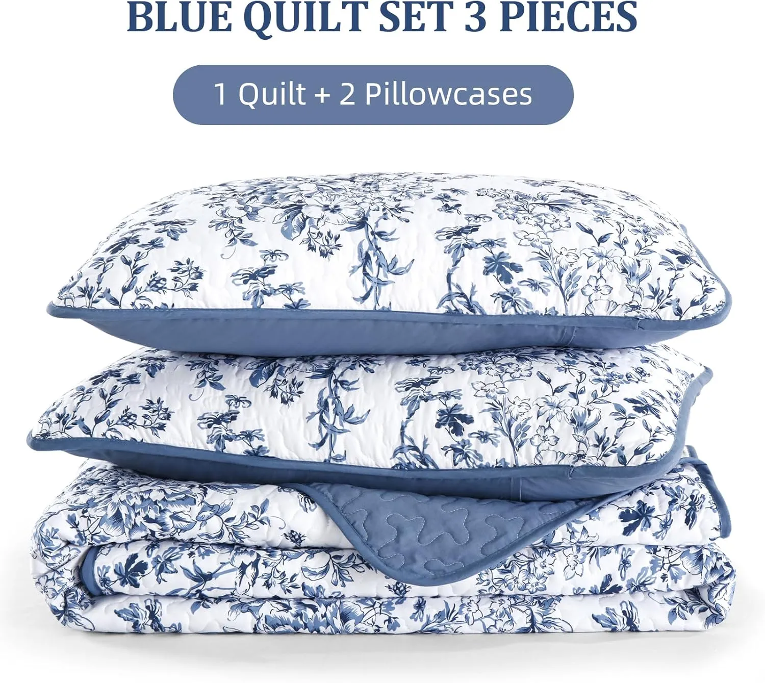 WONGS BDEEING Quilt King Size, Blue Quilt Bedding Set with 2 Pillowcases, Botanical Quilt for King Bed, Soft Microfiber Lightweight Coverlet Bedspread for All Season (110"×90", 3 Pieces)
