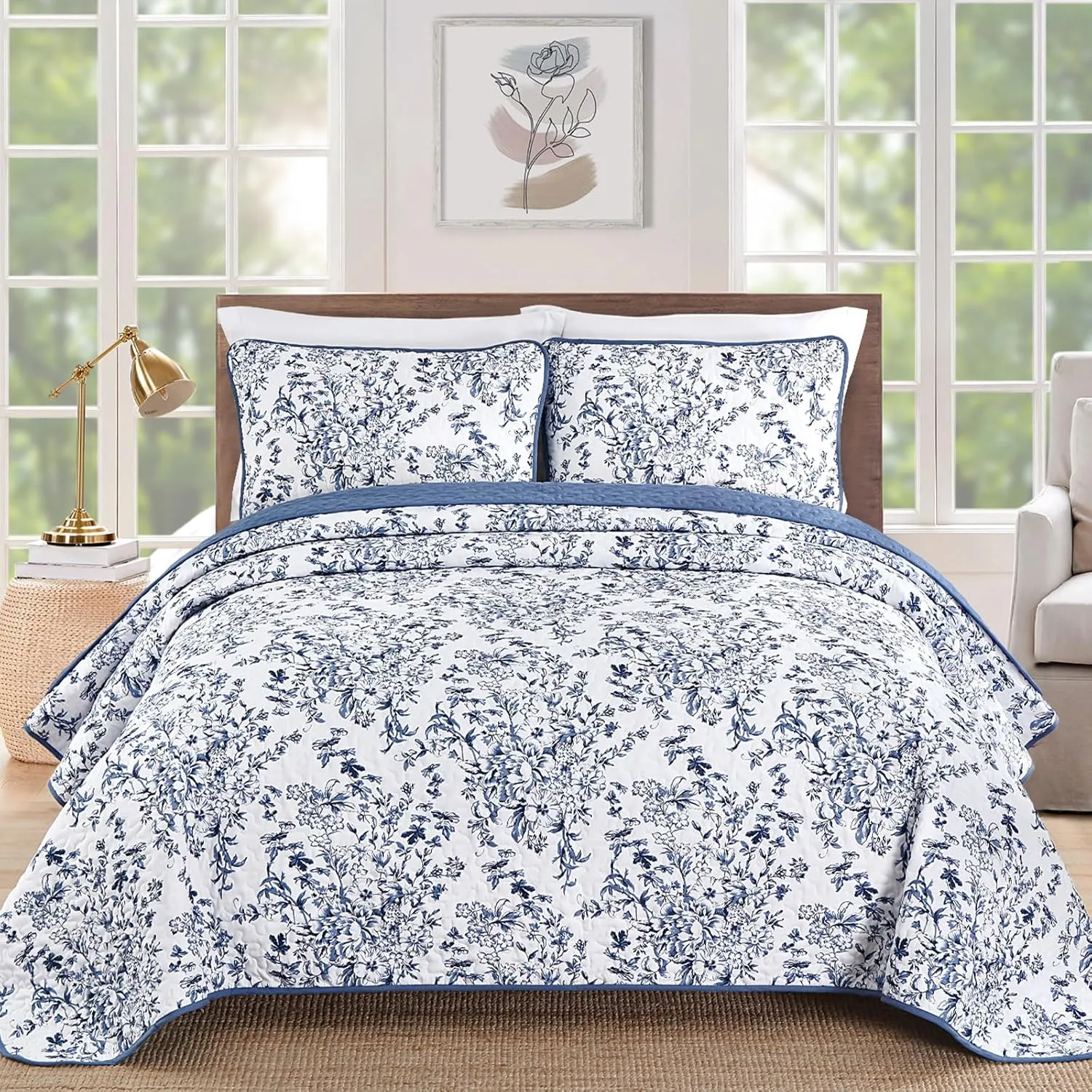 WONGS BDEEING Quilt King Size, Blue Quilt Bedding Set with 2 Pillowcases, Botanical Quilt for King Bed, Soft Microfiber Lightweight Coverlet Bedspread for All Season (110"×90", 3 Pieces)