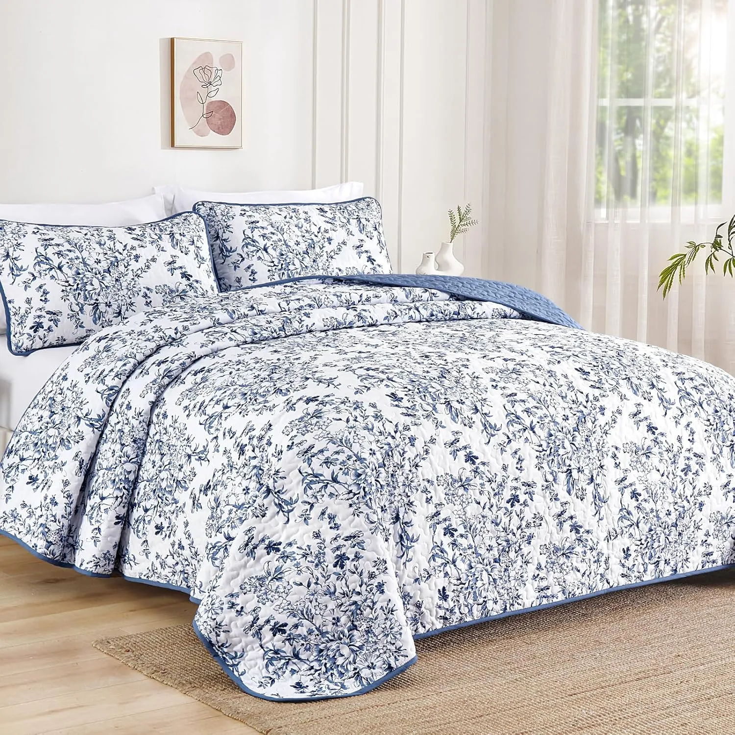 WONGS BDEEING Quilt King Size, Blue Quilt Bedding Set with 2 Pillowcases, Botanical Quilt for King Bed, Soft Microfiber Lightweight Coverlet Bedspread for All Season (110"×90", 3 Pieces)
