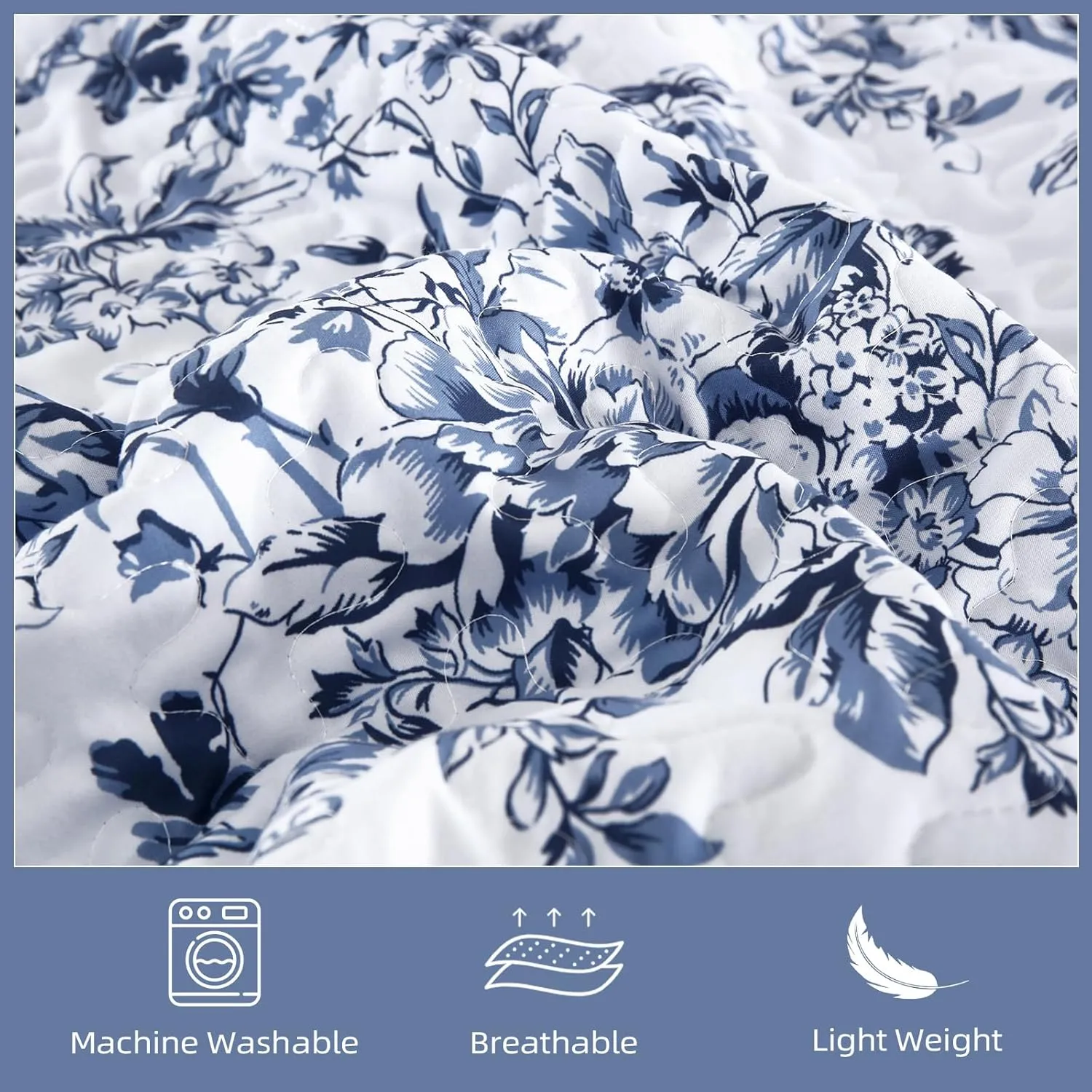 WONGS BDEEING Quilt King Size, Blue Quilt Bedding Set with 2 Pillowcases, Botanical Quilt for King Bed, Soft Microfiber Lightweight Coverlet Bedspread for All Season (110"×90", 3 Pieces)