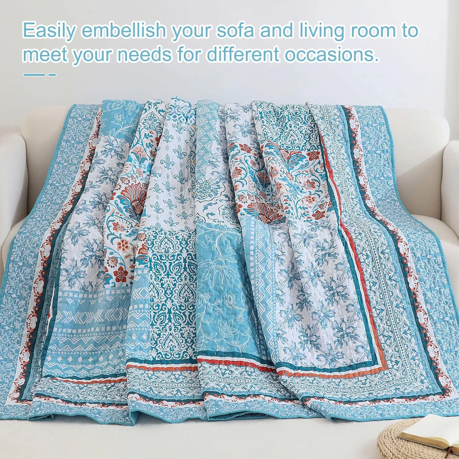 WONGS BEDDING Bohemian Quilt Set Queen Size,3 Pieces Aqua Patchwork Bedspread Coverlet Set,Reversible Boho Floral Pattern Bedspreads Bedding Quilt Set for All Seasons (96"x90")