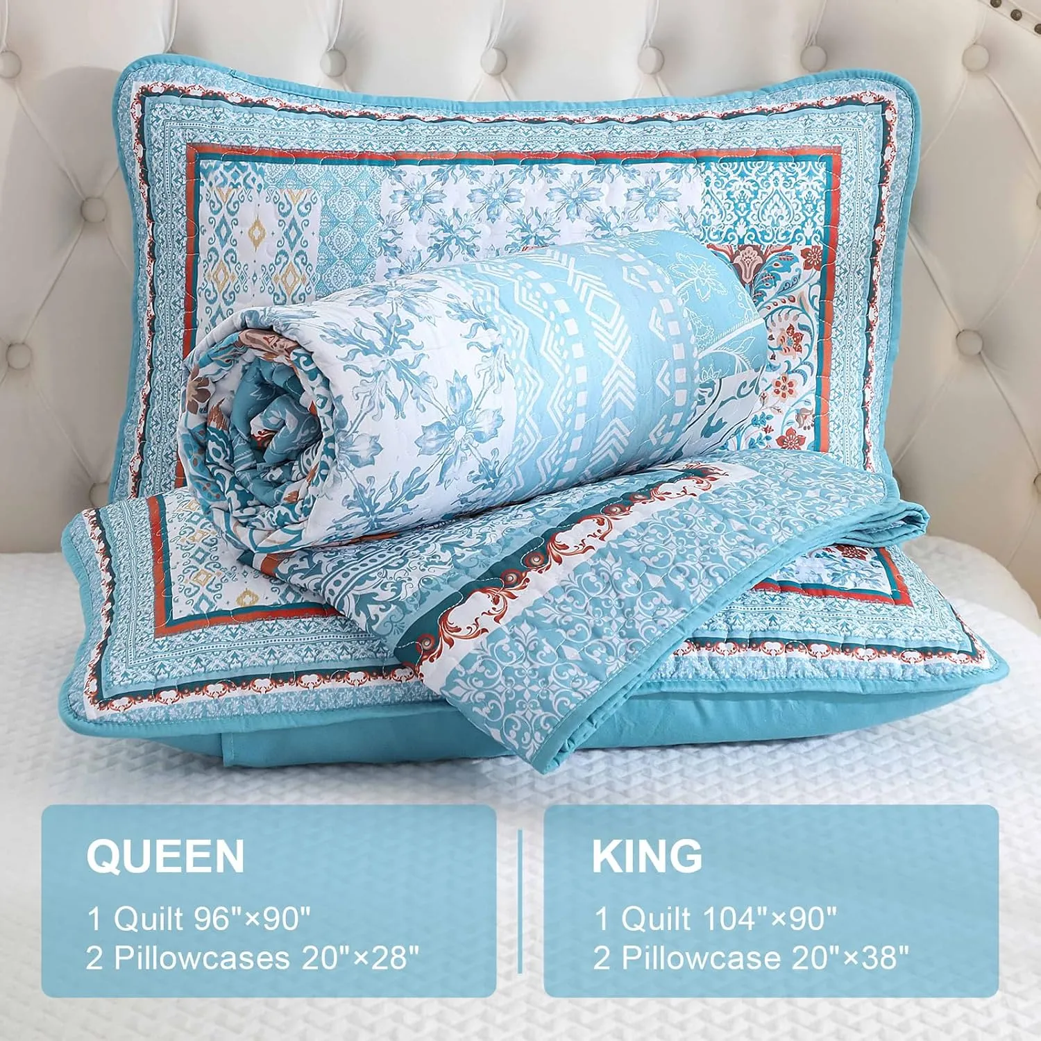 WONGS BEDDING Bohemian Quilt Set Queen Size,3 Pieces Aqua Patchwork Bedspread Coverlet Set,Reversible Boho Floral Pattern Bedspreads Bedding Quilt Set for All Seasons (96"x90")