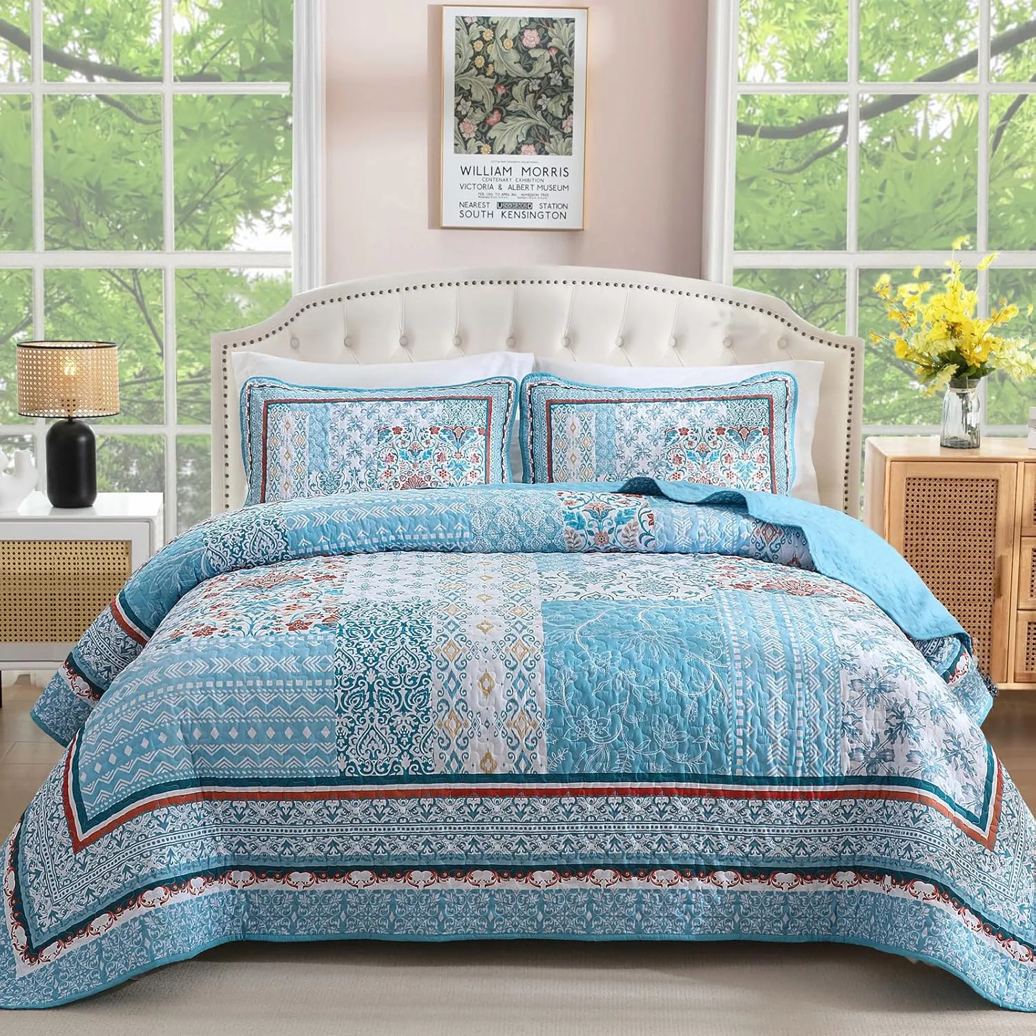 WONGS BEDDING Bohemian Quilt Set Queen Size,3 Pieces Aqua Patchwork Bedspread Coverlet Set,Reversible Boho Floral Pattern Bedspreads Bedding Quilt Set for All Seasons (96"x90")