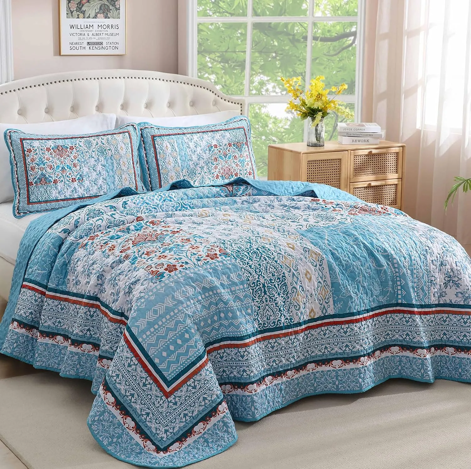 WONGS BEDDING Bohemian Quilt Set Queen Size,3 Pieces Aqua Patchwork Bedspread Coverlet Set,Reversible Boho Floral Pattern Bedspreads Bedding Quilt Set for All Seasons (96"x90")