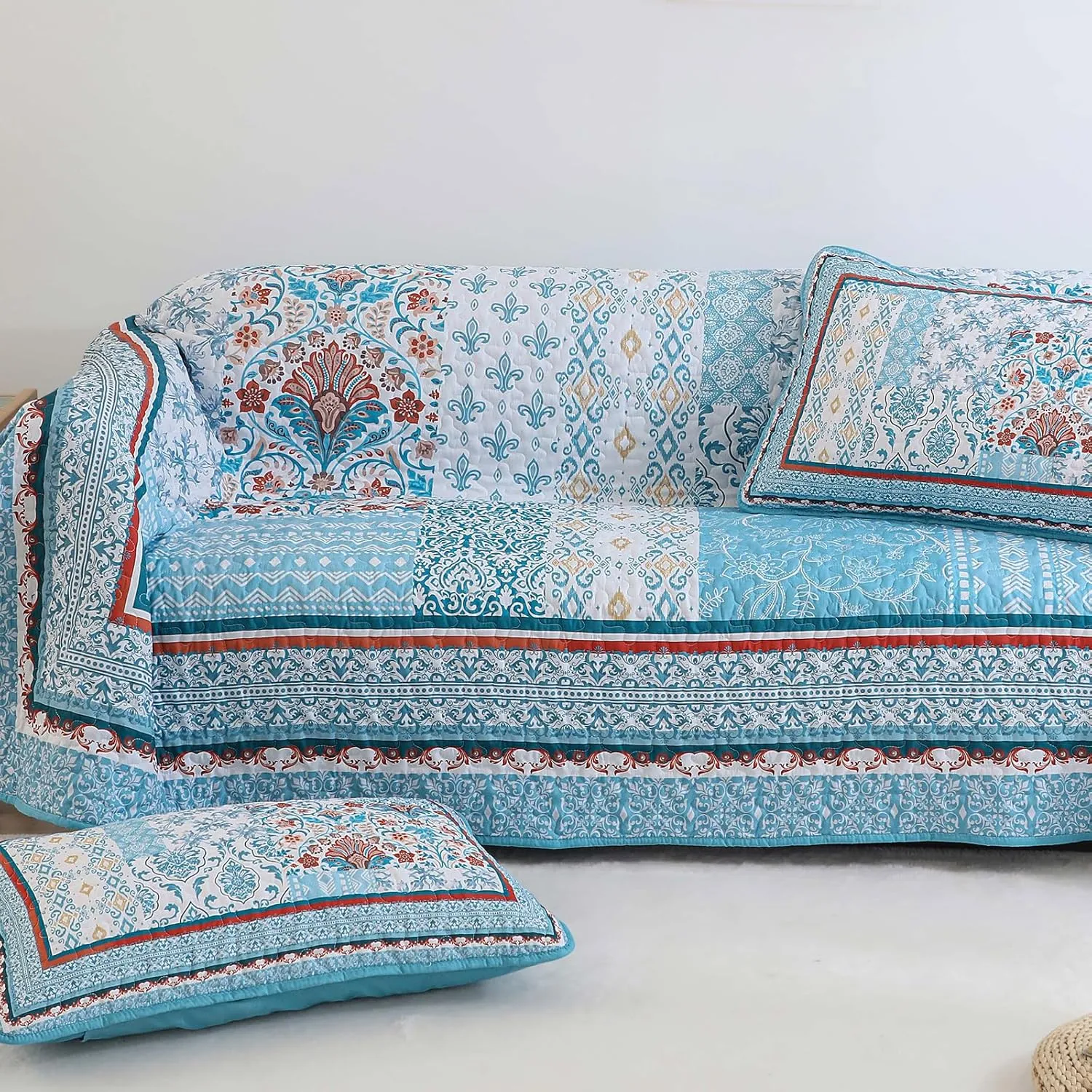 WONGS BEDDING Bohemian Quilt Set Queen Size,3 Pieces Aqua Patchwork Bedspread Coverlet Set,Reversible Boho Floral Pattern Bedspreads Bedding Quilt Set for All Seasons (96"x90")