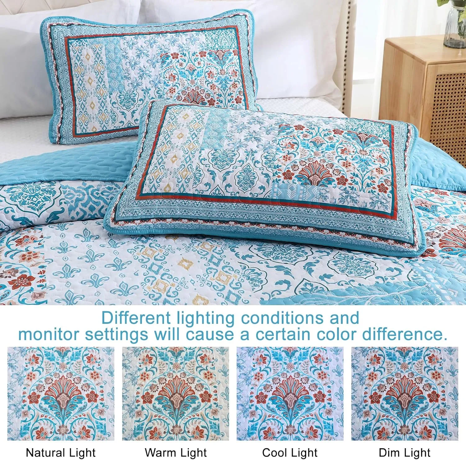 WONGS BEDDING Bohemian Quilt Set Queen Size,3 Pieces Aqua Patchwork Bedspread Coverlet Set,Reversible Boho Floral Pattern Bedspreads Bedding Quilt Set for All Seasons (96"x90")