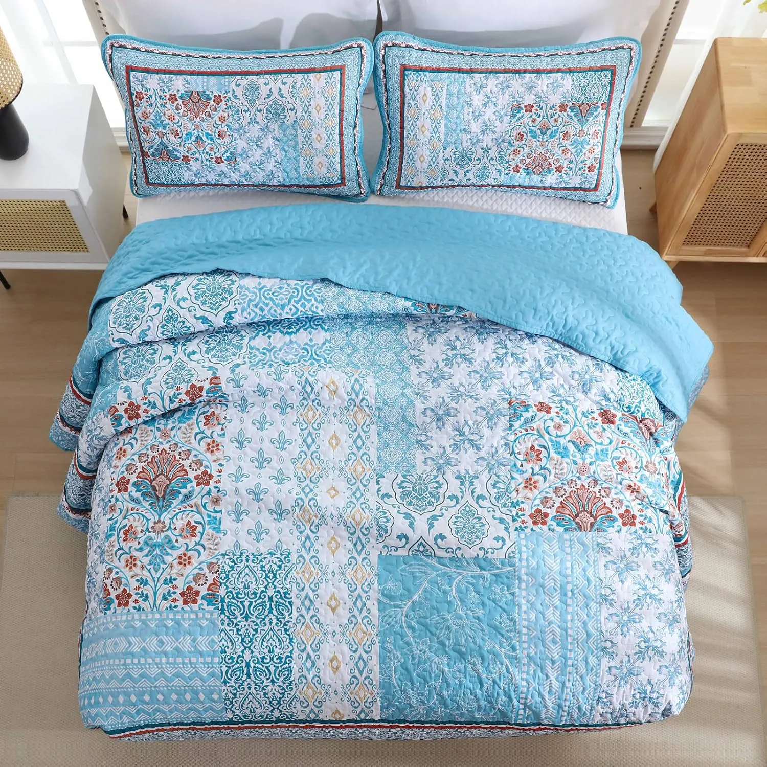 WONGS BEDDING Bohemian Quilt Set Queen Size,3 Pieces Aqua Patchwork Bedspread Coverlet Set,Reversible Boho Floral Pattern Bedspreads Bedding Quilt Set for All Seasons (96"x90")