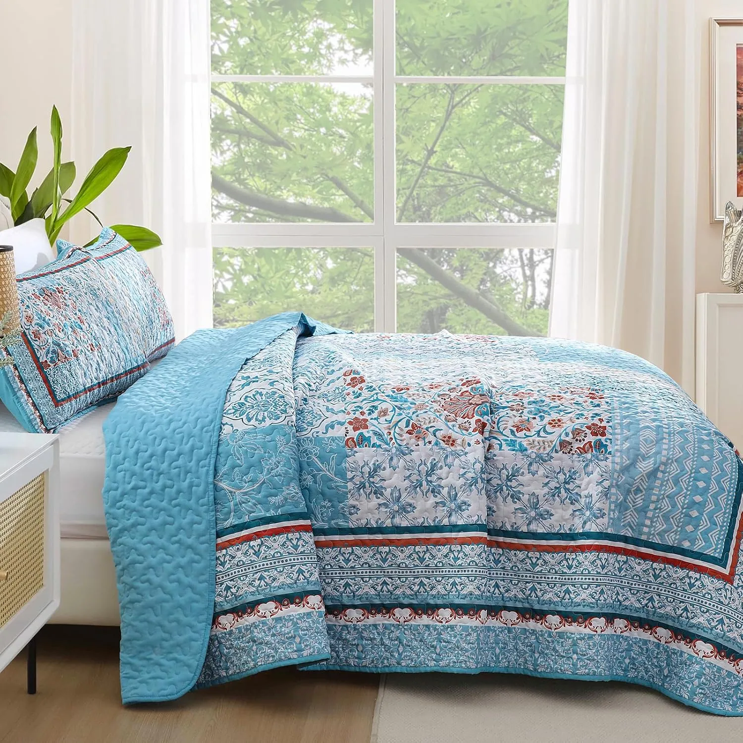 WONGS BEDDING Bohemian Quilt Set Queen Size,3 Pieces Aqua Patchwork Bedspread Coverlet Set,Reversible Boho Floral Pattern Bedspreads Bedding Quilt Set for All Seasons (96"x90")
