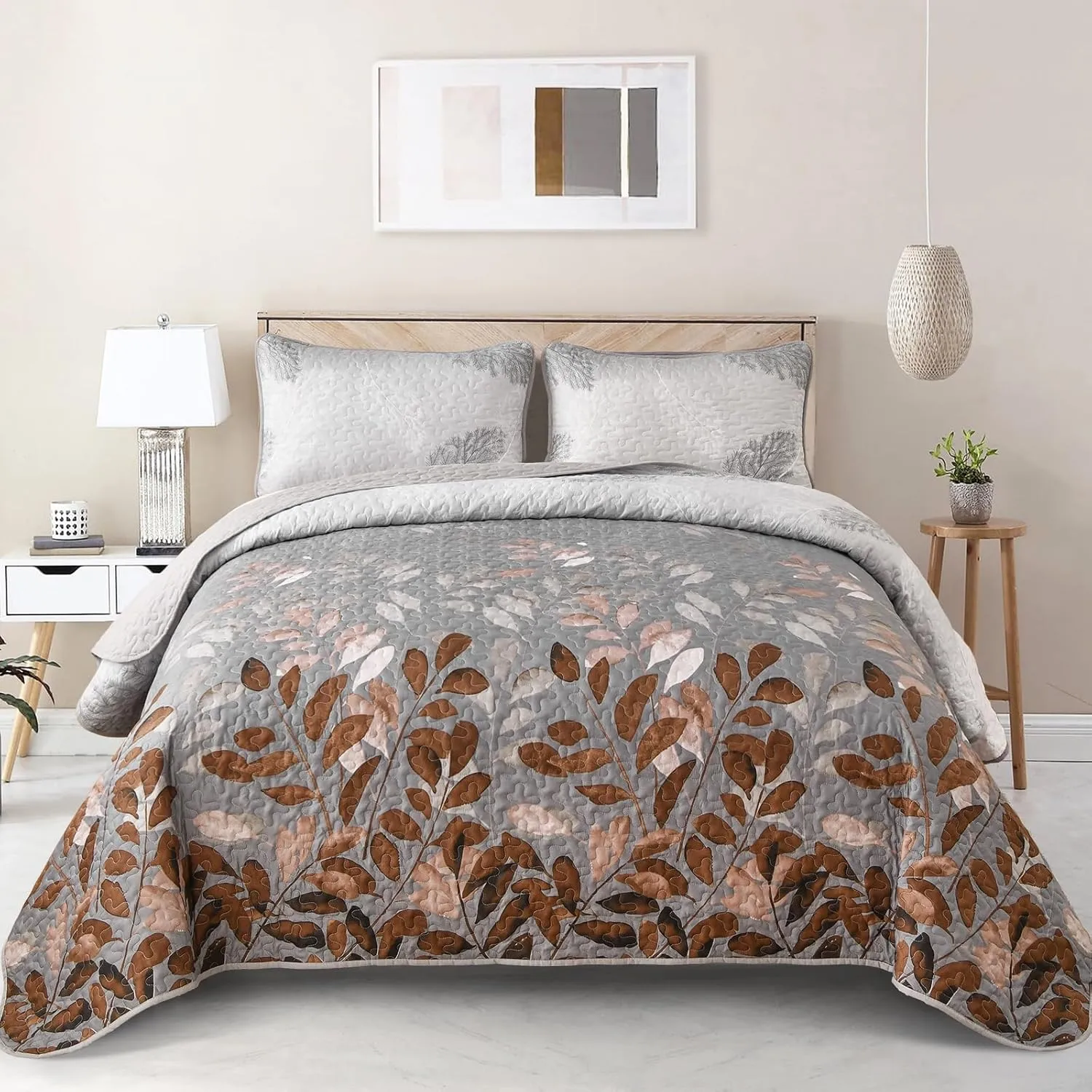 WONGS BEDDING Brown Floal Quilt Set Queen Size, 3 Pieces Bedspread Coverlet Set for All Season, Soft Microfiber Lightweight Floral Bedding Set Queen 96"x90"