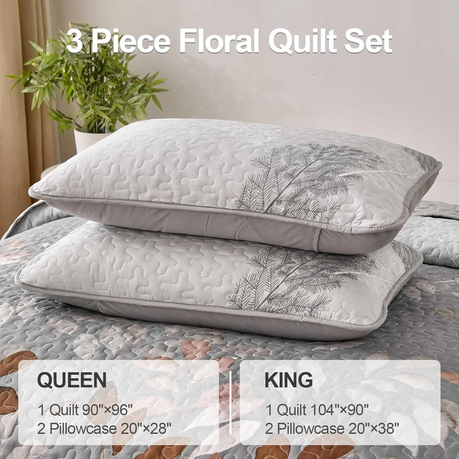 WONGS BEDDING Brown Floal Quilt Set Queen Size, 3 Pieces Bedspread Coverlet Set for All Season, Soft Microfiber Lightweight Floral Bedding Set Queen 96"x90"