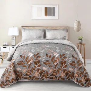 WONGS BEDDING Brown Floal Quilt Set Queen Size, 3 Pieces Bedspread Coverlet Set for All Season, Soft Microfiber Lightweight Floral Bedding Set Queen 96"x90"